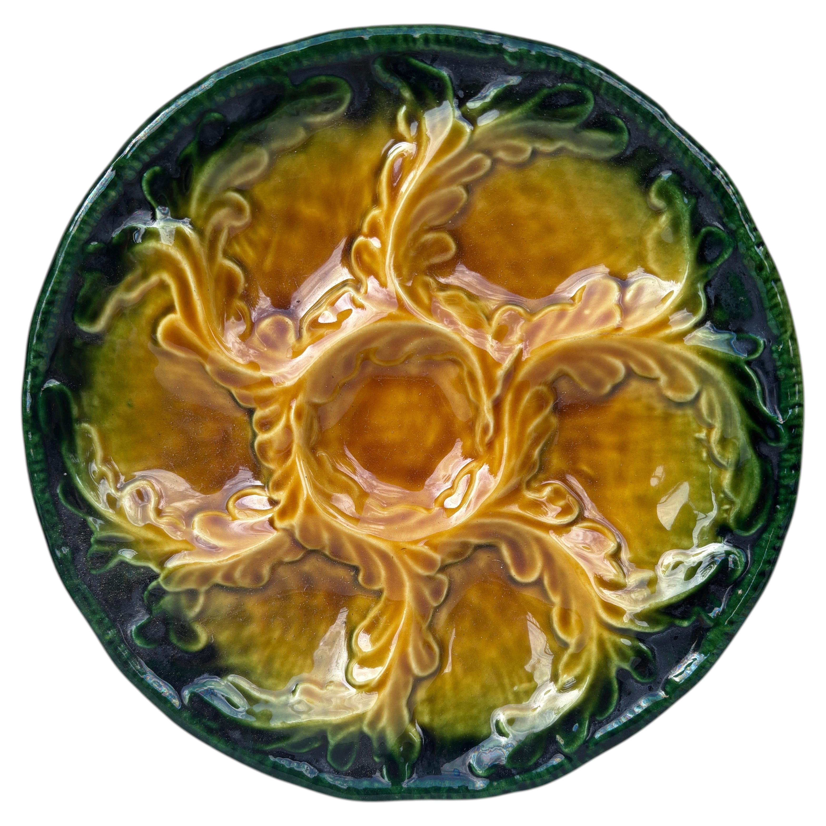 Mid-Century Majolica Oak Leaves Oyster Plate Vallauris