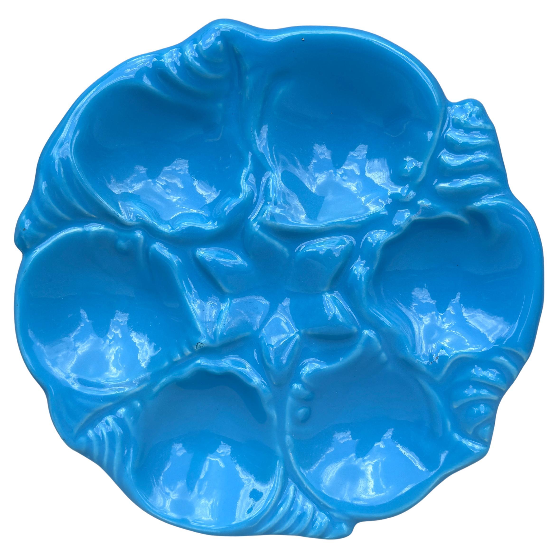 Mid-Century Majolica Aqua Oyster Plate Vallauris