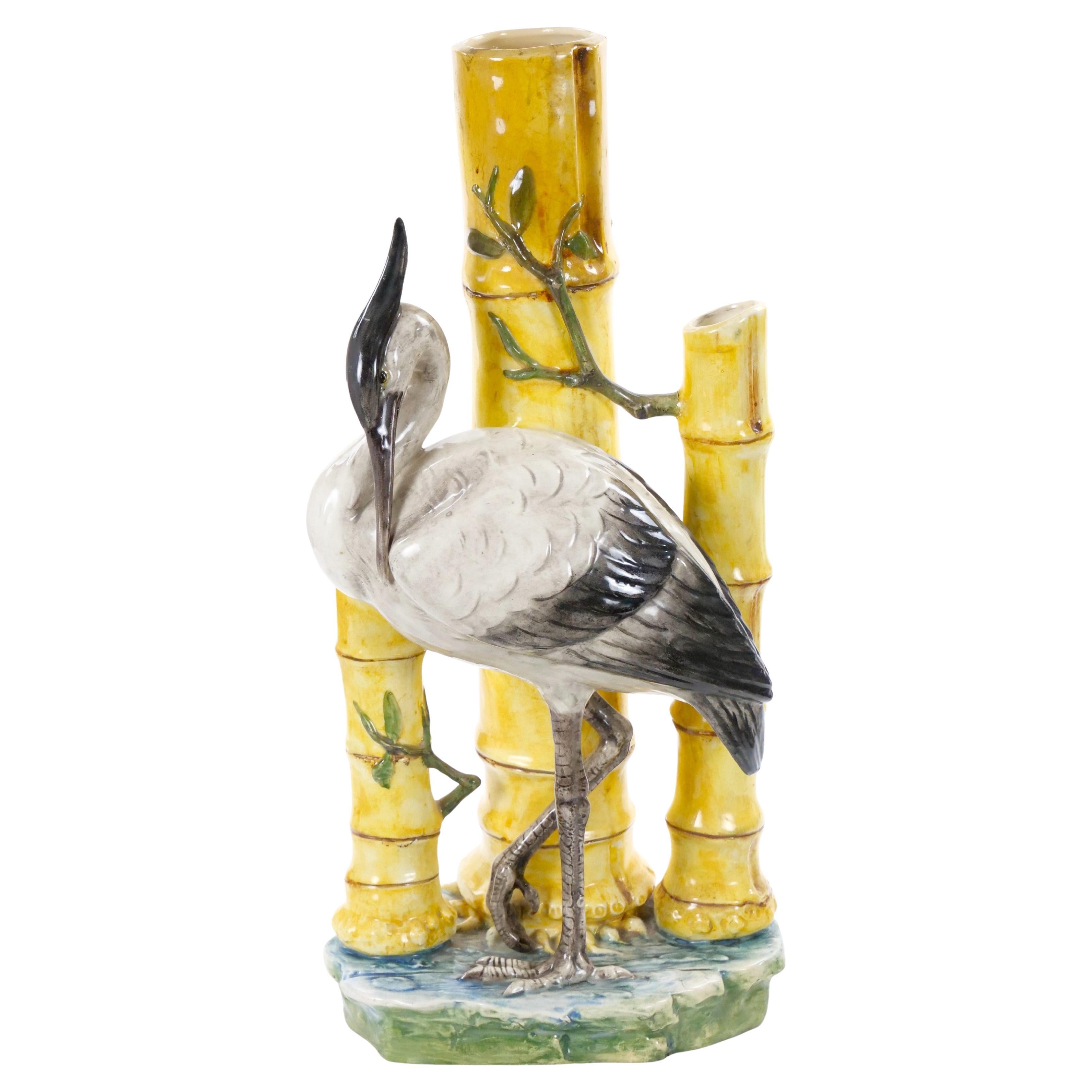 Mid-Century Majolica Porcelain Sculptural Vase Featuring Stork and Bamboo Motif