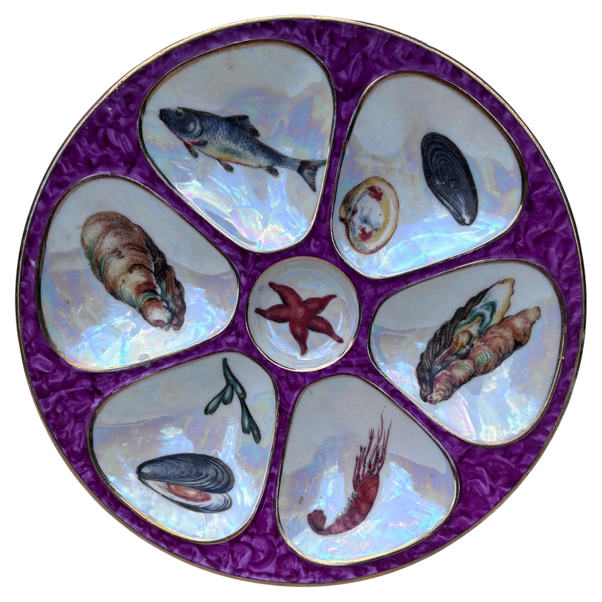 Mid-Century Majolica Purple Oyster Plate Vallauris In Good Condition For Sale In Austin, TX