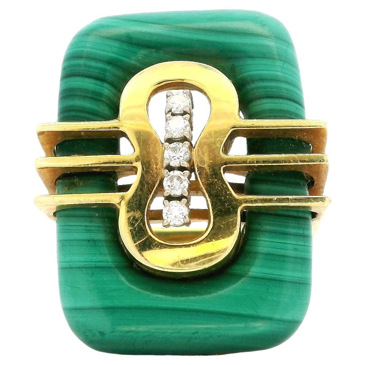 Mid Century  Malachite 18K Yellow Gold Diamonds Ring