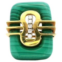 Mid Century  Malachite 18K Yellow Gold Diamonds Ring
