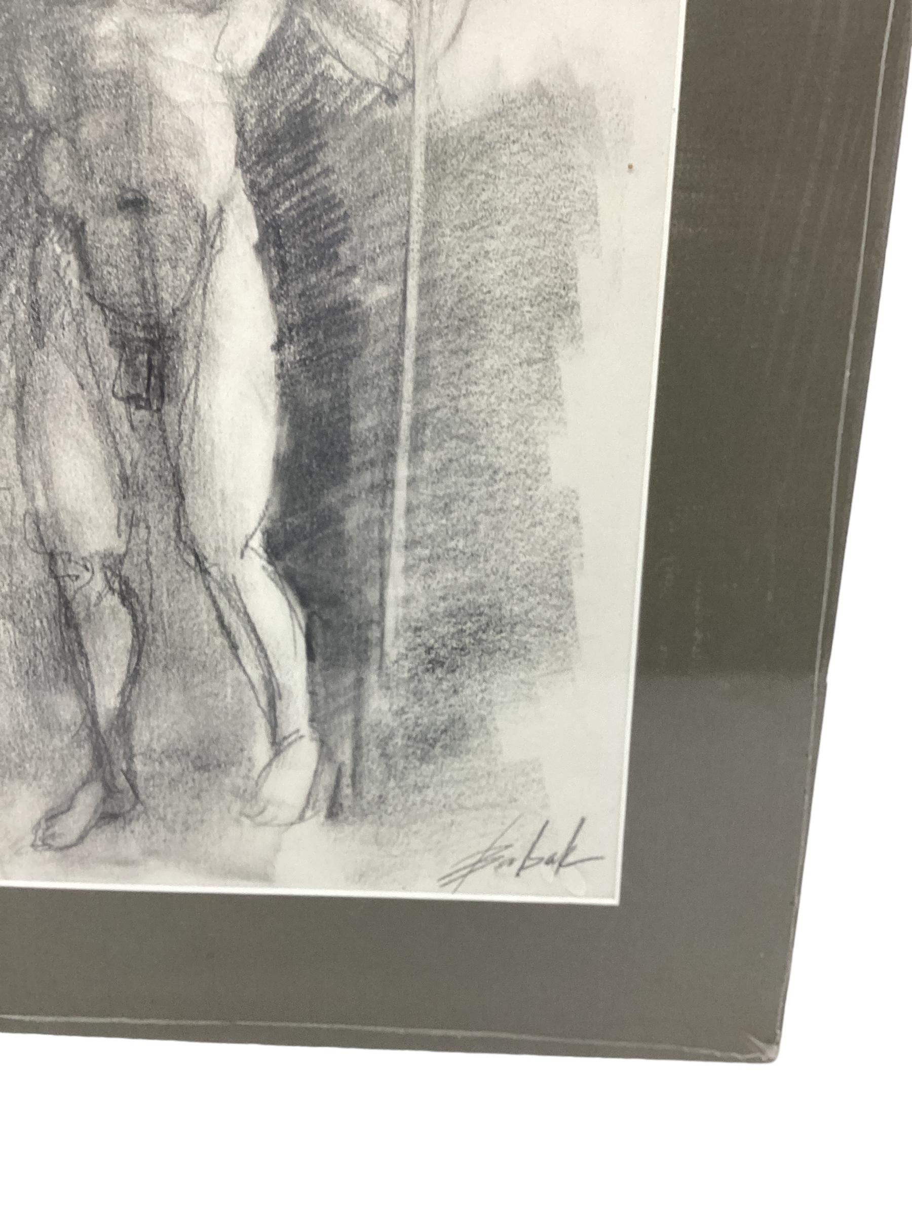 Set of 2 Mid Century Male Charcoal Drawings. One depicts a male in the process of undressing while the other shows a fully nude male. Both are signed but signature is difficult to decipher.