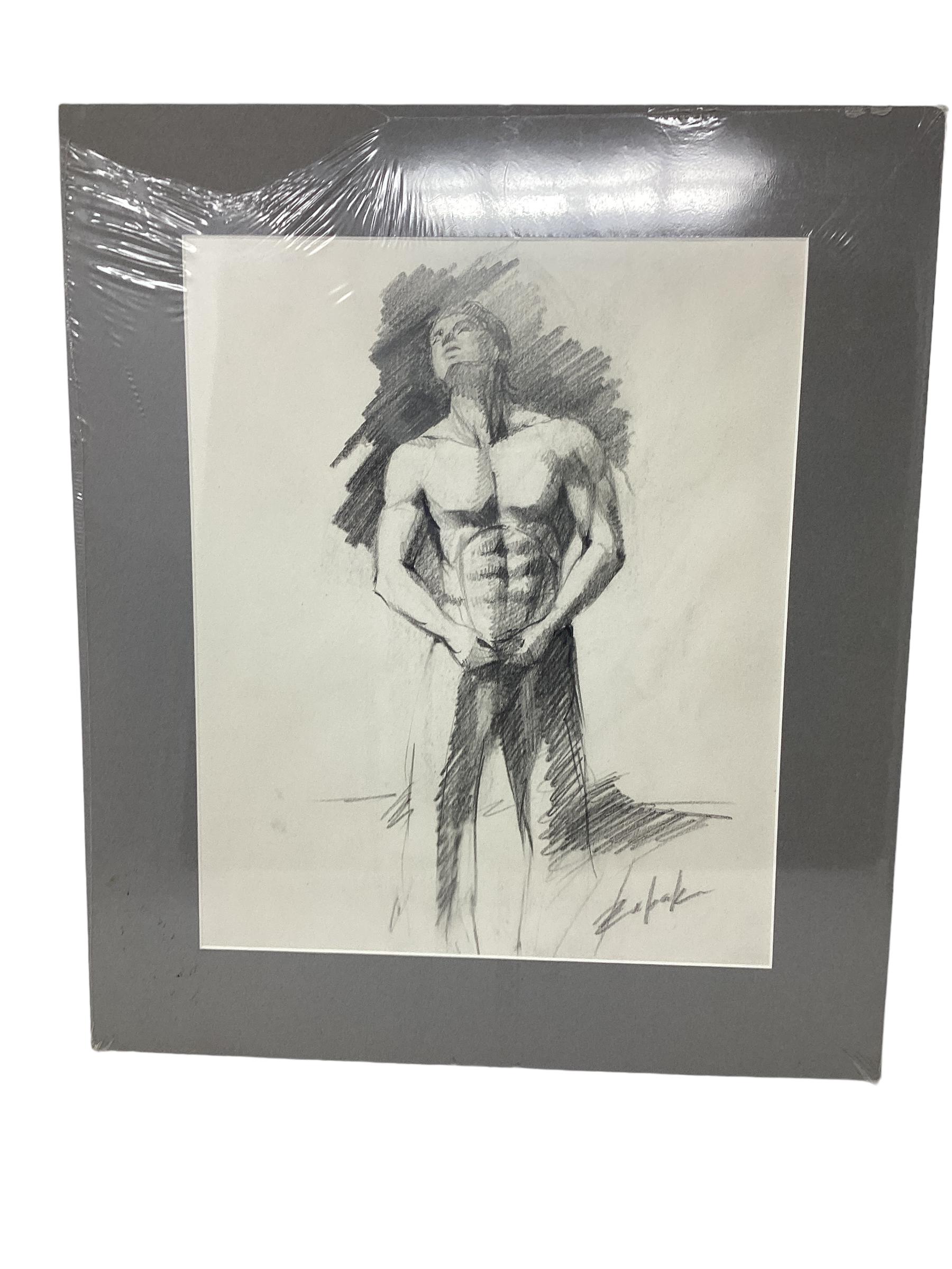 20th Century Mid Century Male Charcoal Drawings Set of 2  For Sale