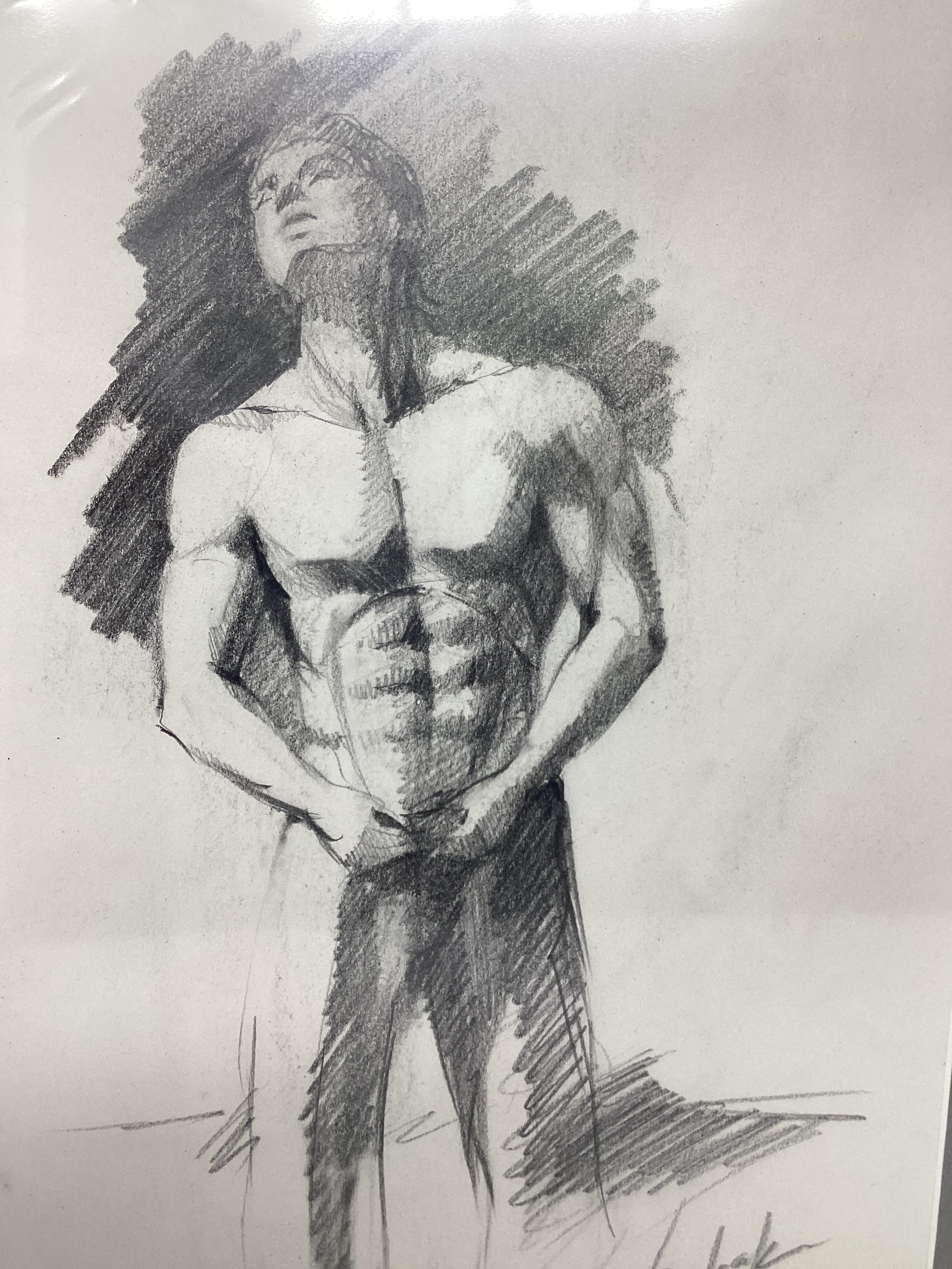 Paper Mid Century Male Charcoal Drawings Set of 2  For Sale