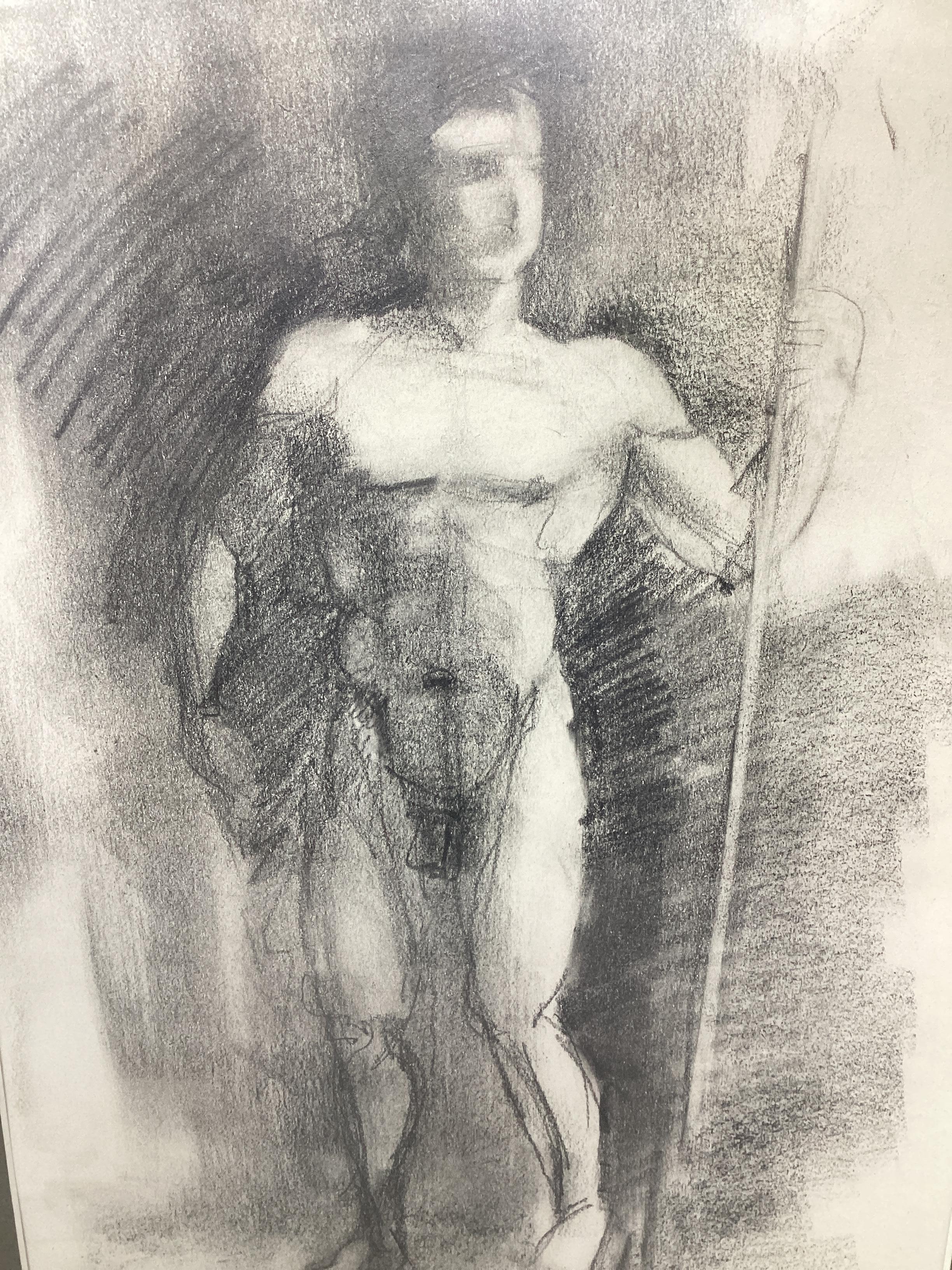 Mid Century Male Charcoal Drawings Set of 2  For Sale 1