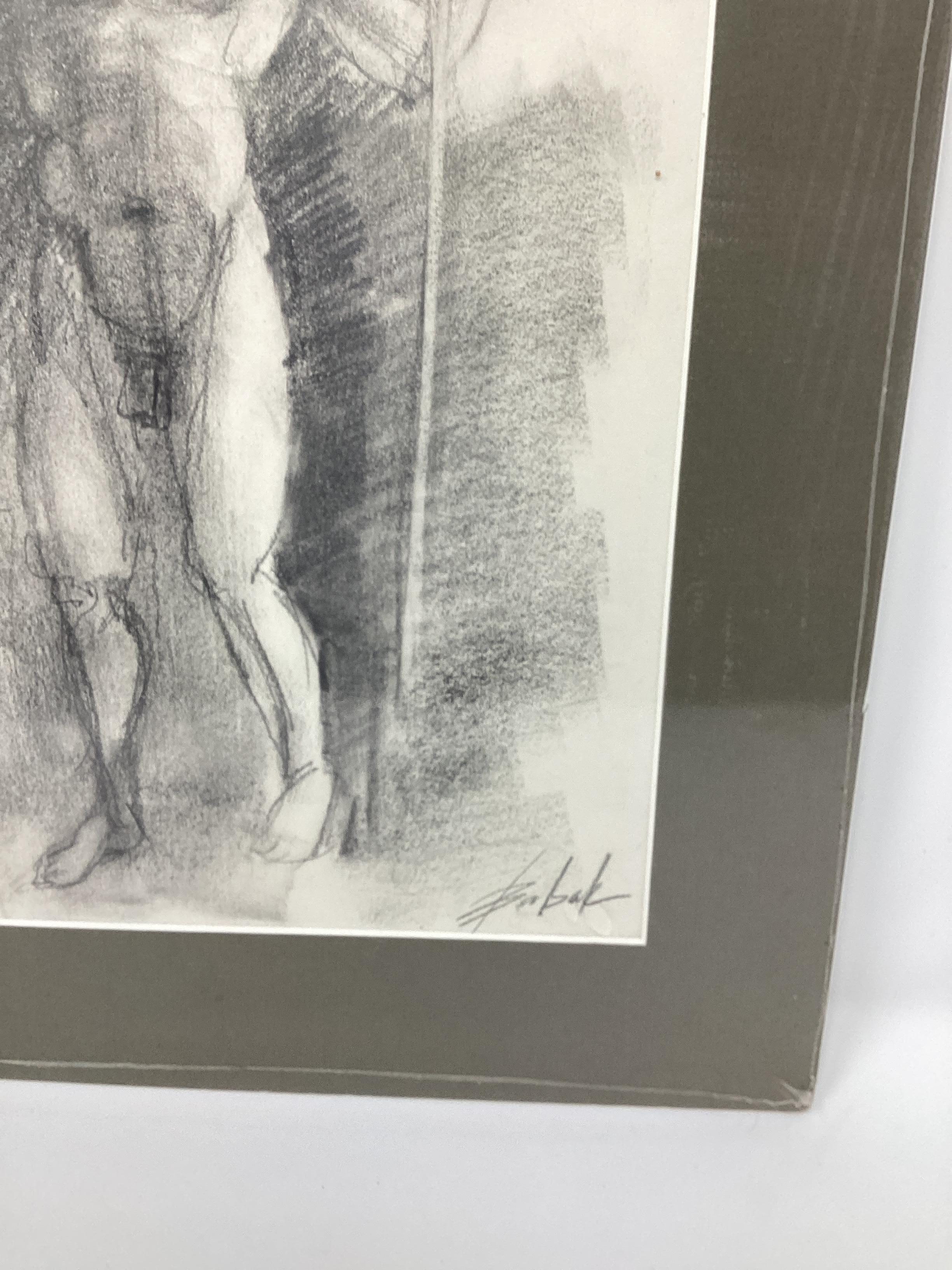 Mid Century Male Charcoal Drawings Set of 2  For Sale 2