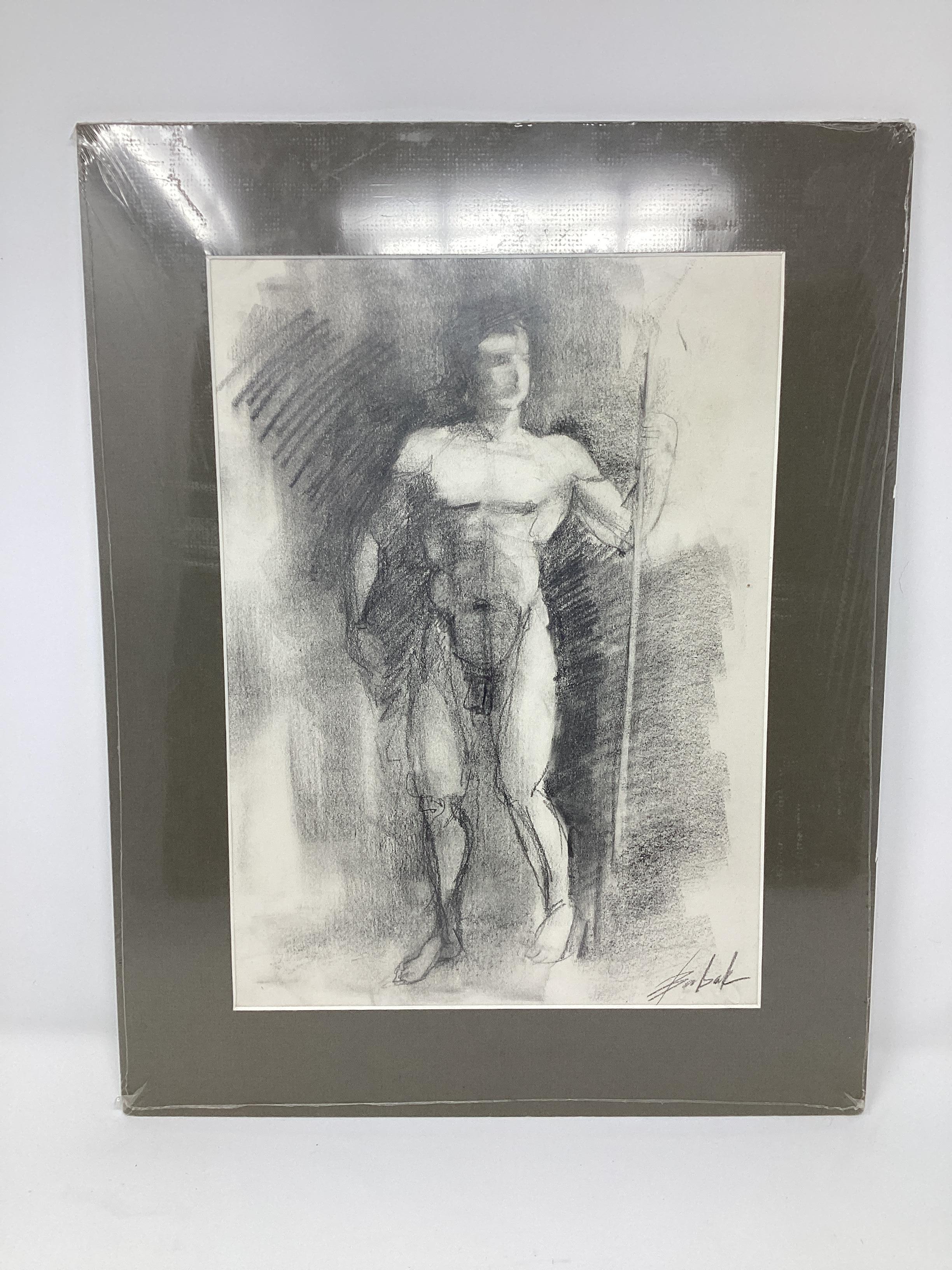 Mid Century Male Charcoal Drawings Set of 2  For Sale 3