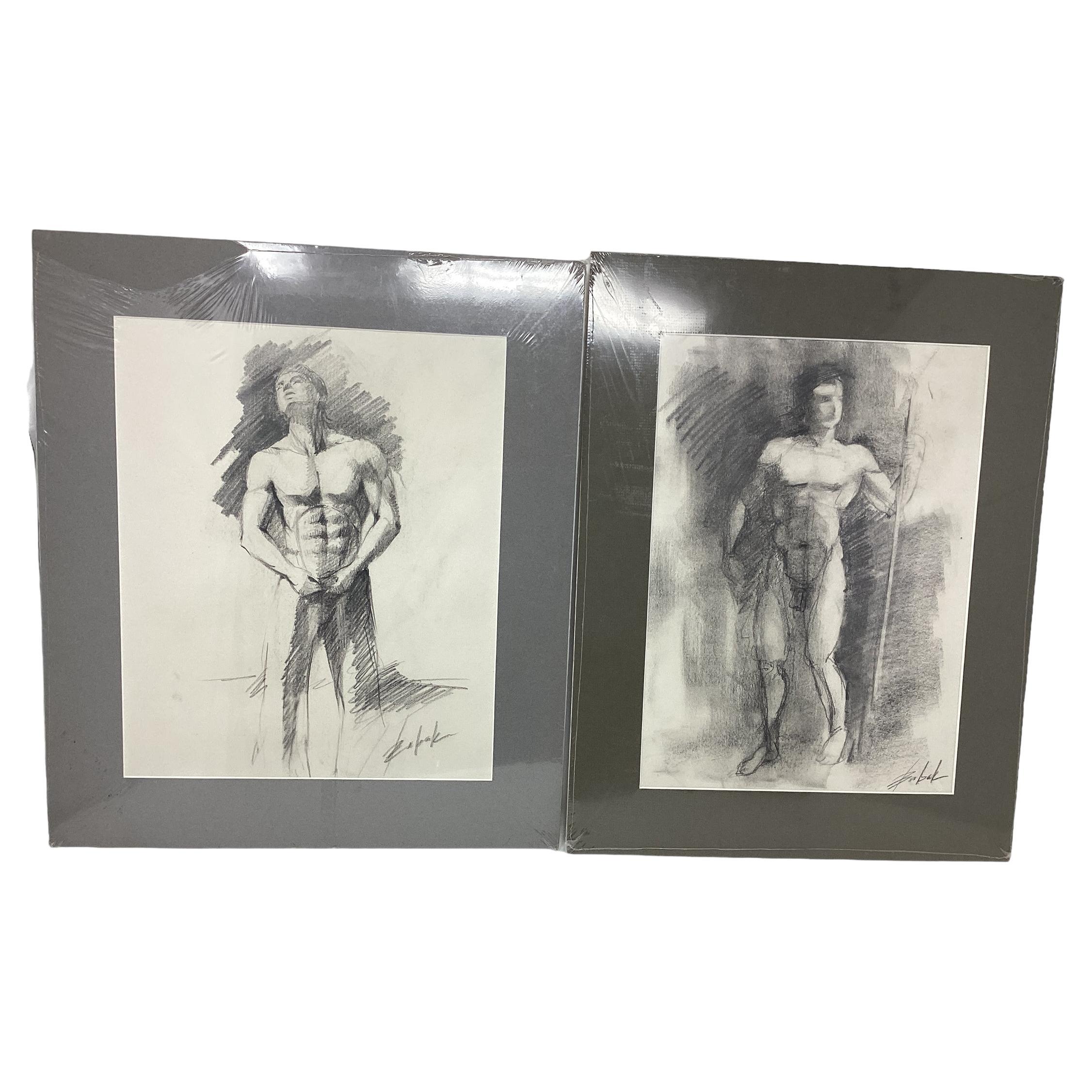 Mid Century Male Charcoal Drawings Set of 2  For Sale