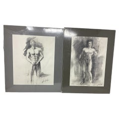 Vintage Mid Century Male Charcoal Drawings Set of 2 