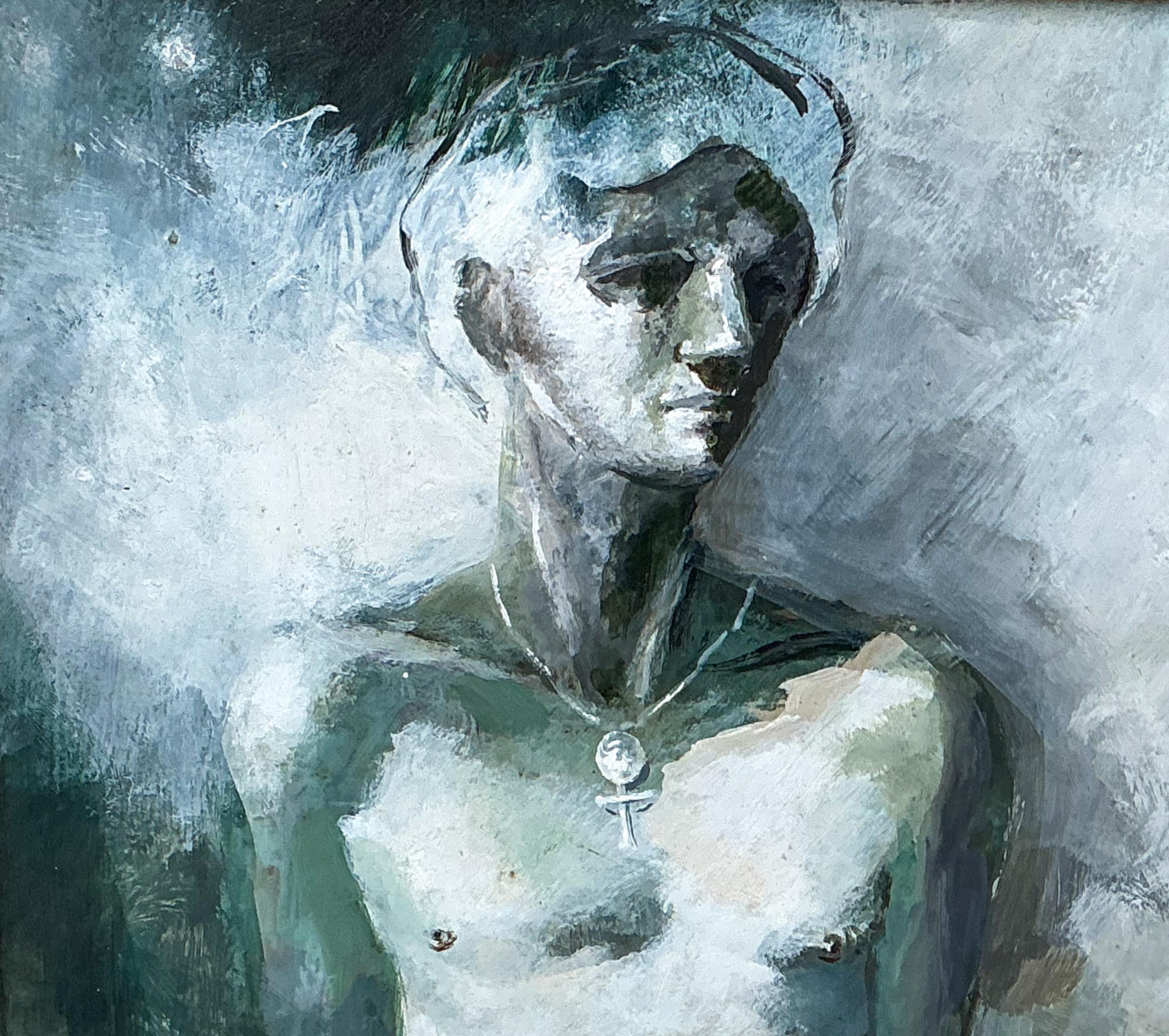 Romano classico Nudo maschile di metà secolo olio su masonite firmato dall'artista David Anderson in vendita
