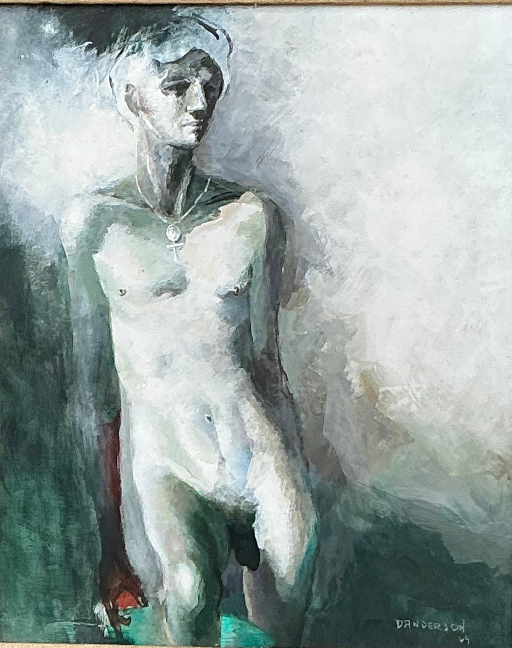 XX secolo Nudo maschile di metà secolo olio su masonite firmato dall'artista David Anderson in vendita
