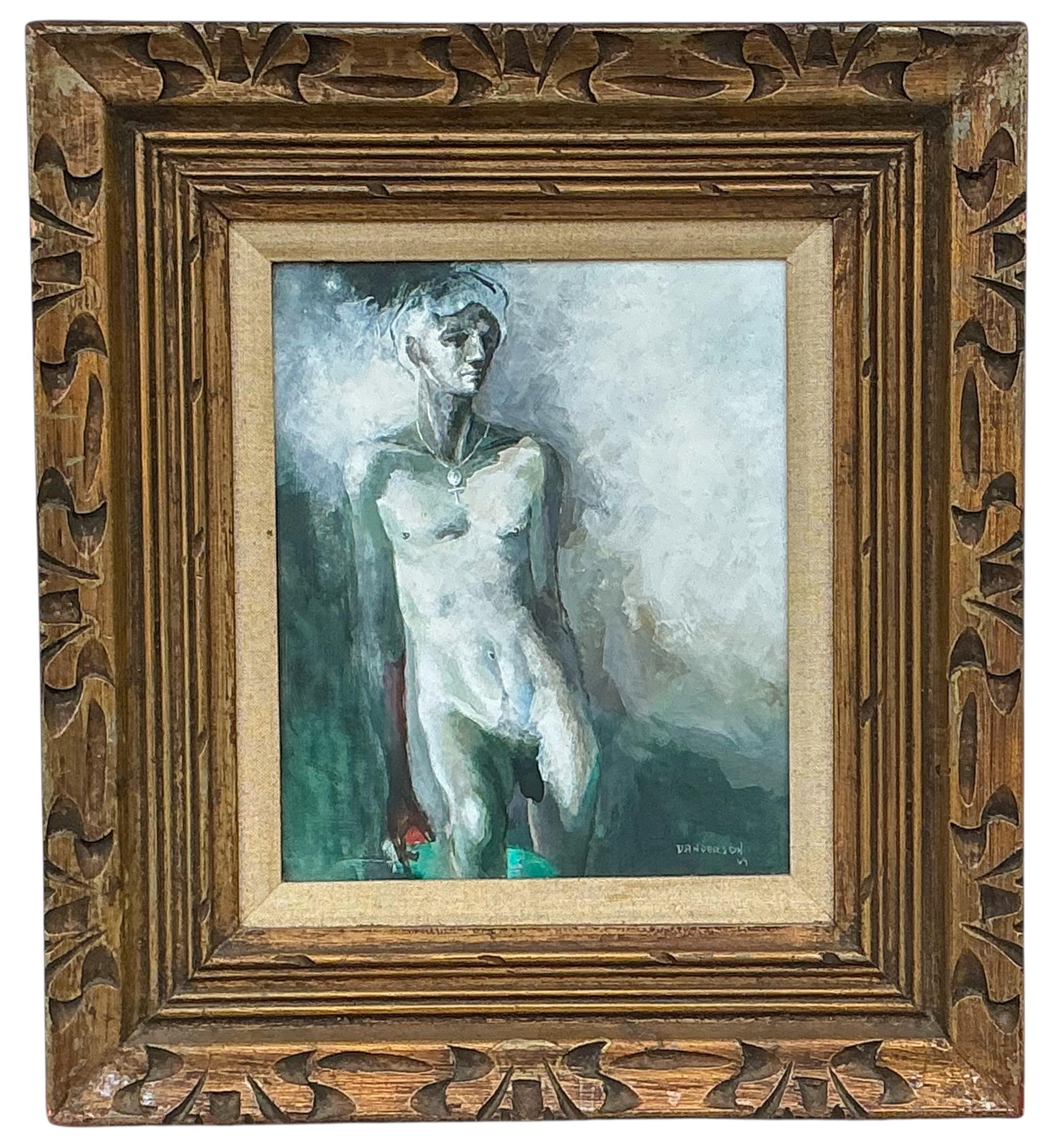 Legno dorato Nudo maschile di metà secolo olio su masonite firmato dall'artista David Anderson in vendita