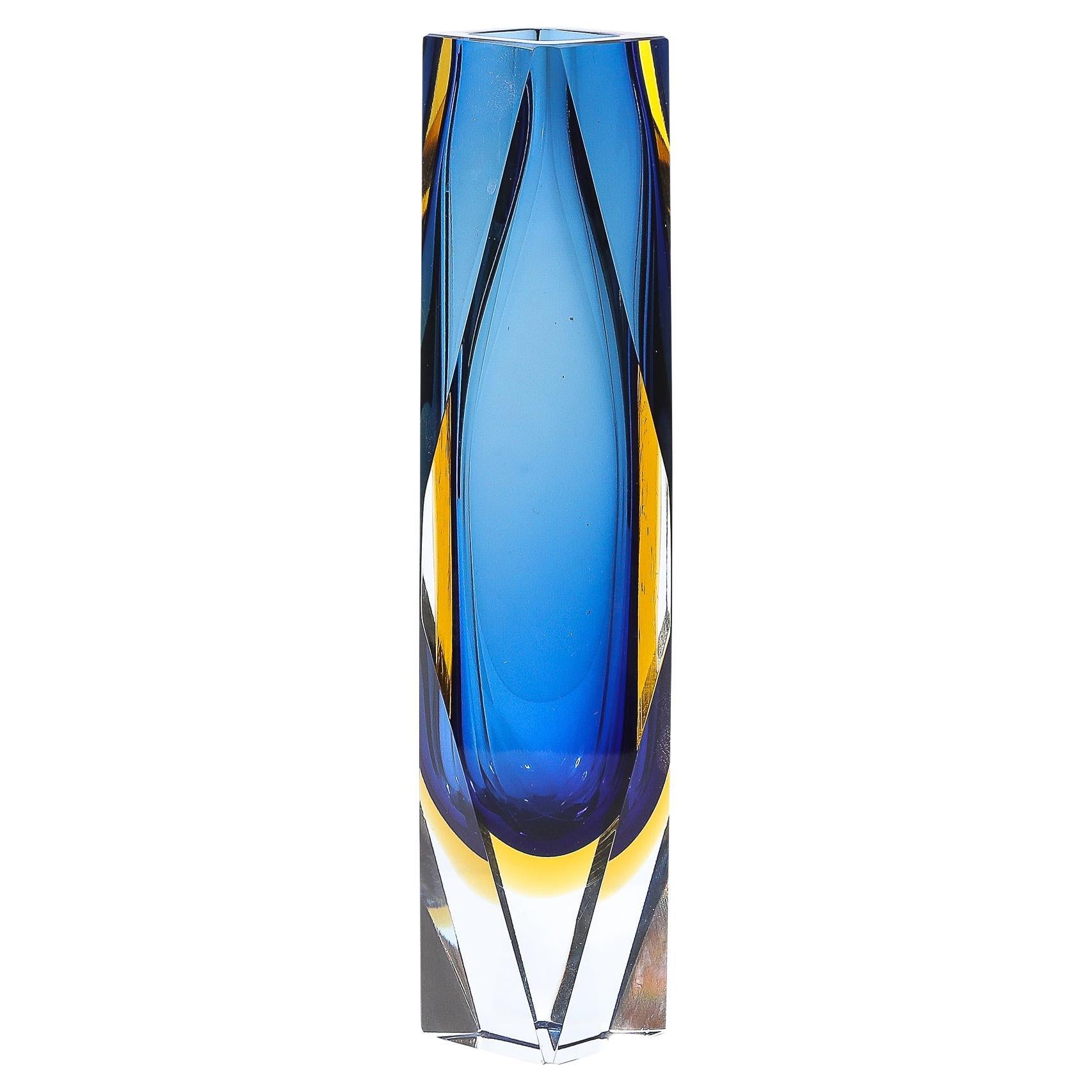 Mid-Century Mandruzzato Faceted Murano Glass Vase in Citrine and Smoked Cerulean
