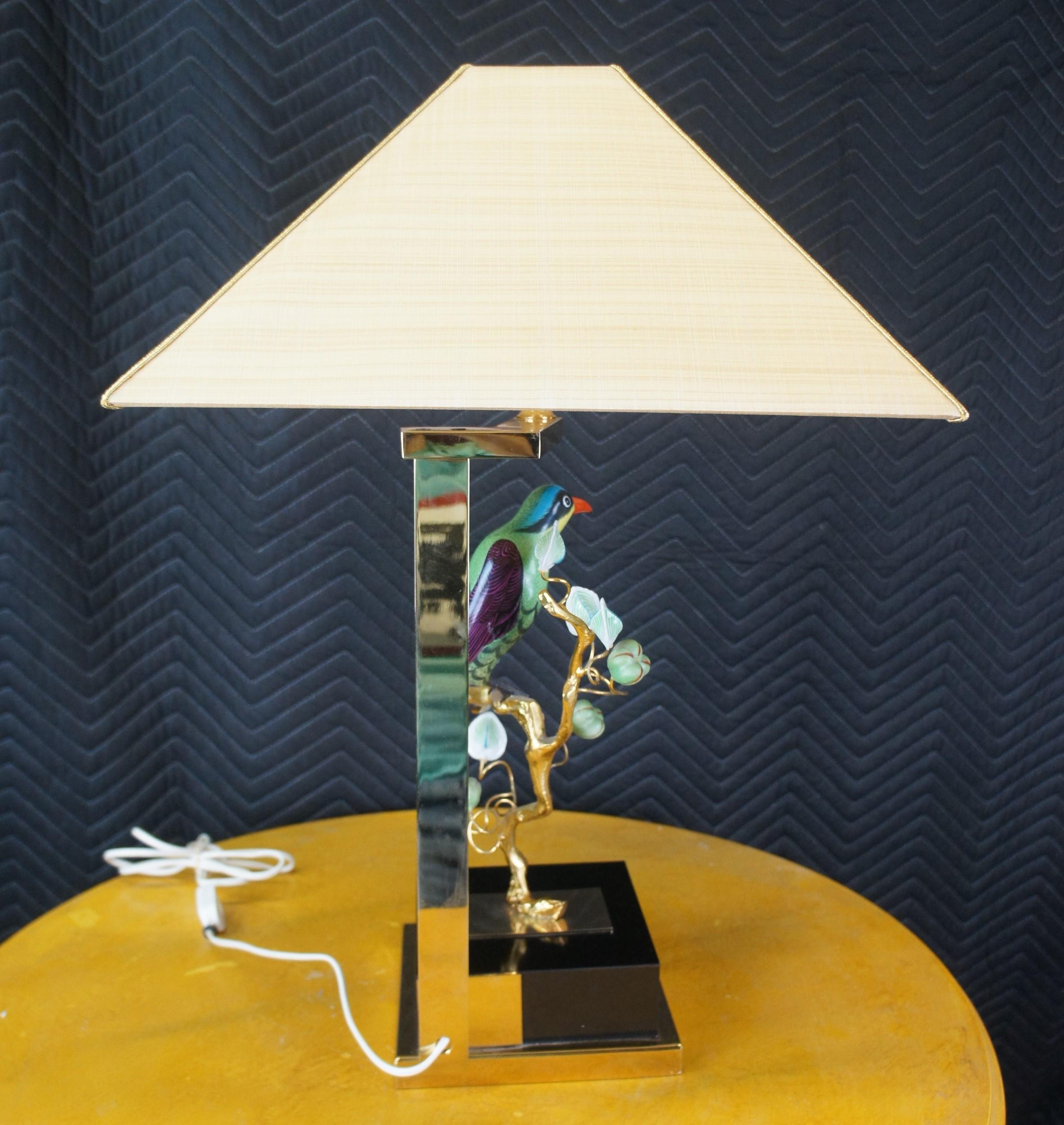 Brass Midcentury Mangani Oggetti Gold Plated Italian Sculptural Porcelain Parrot Lamp For Sale