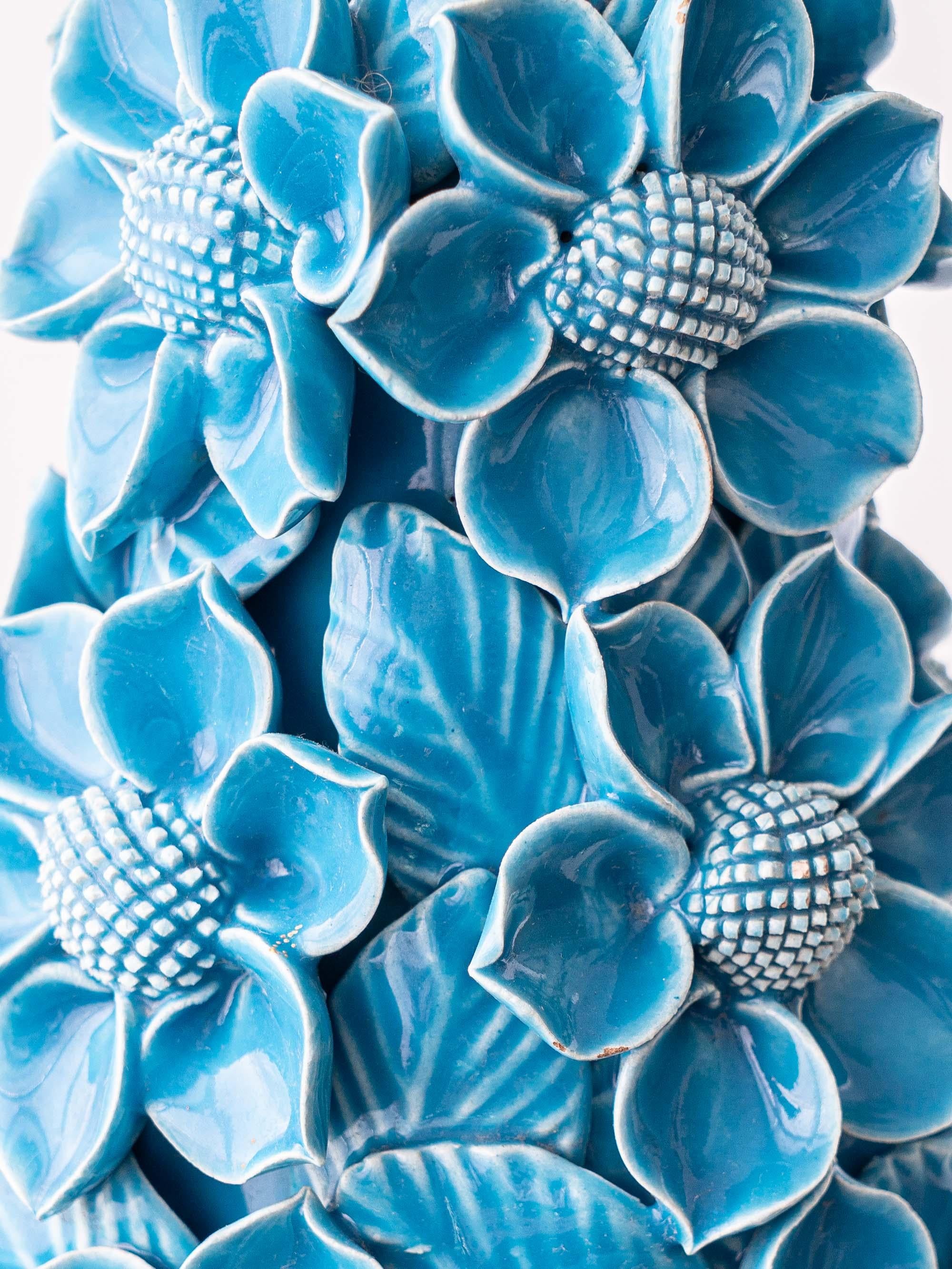 Lampe de table Manises du milieu du siècle en céramique émaillée turquoise, abat-jour en soie neuf en vente 6