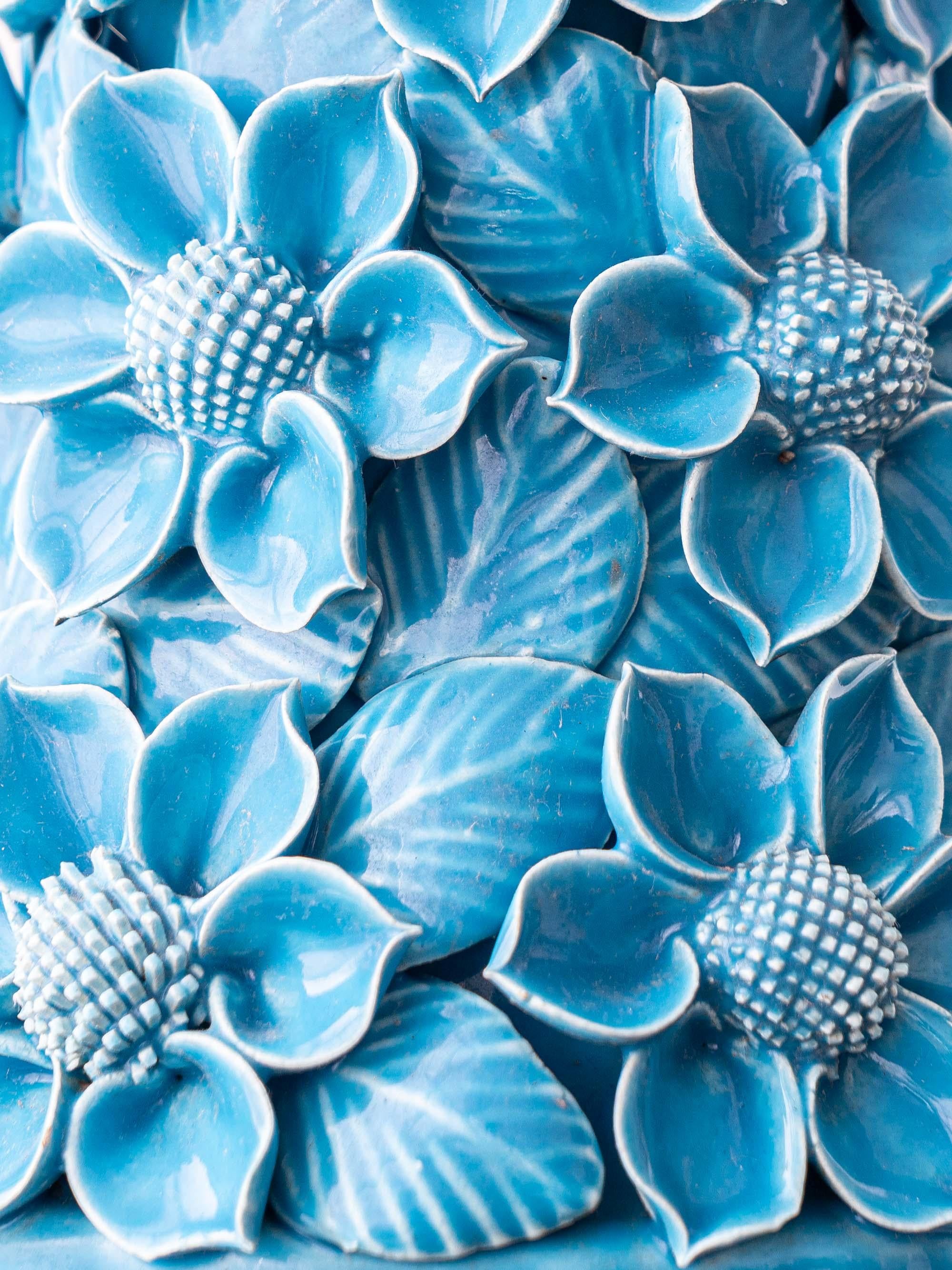 Lampe de table Manises du milieu du siècle en céramique émaillée turquoise, abat-jour en soie neuf en vente 7