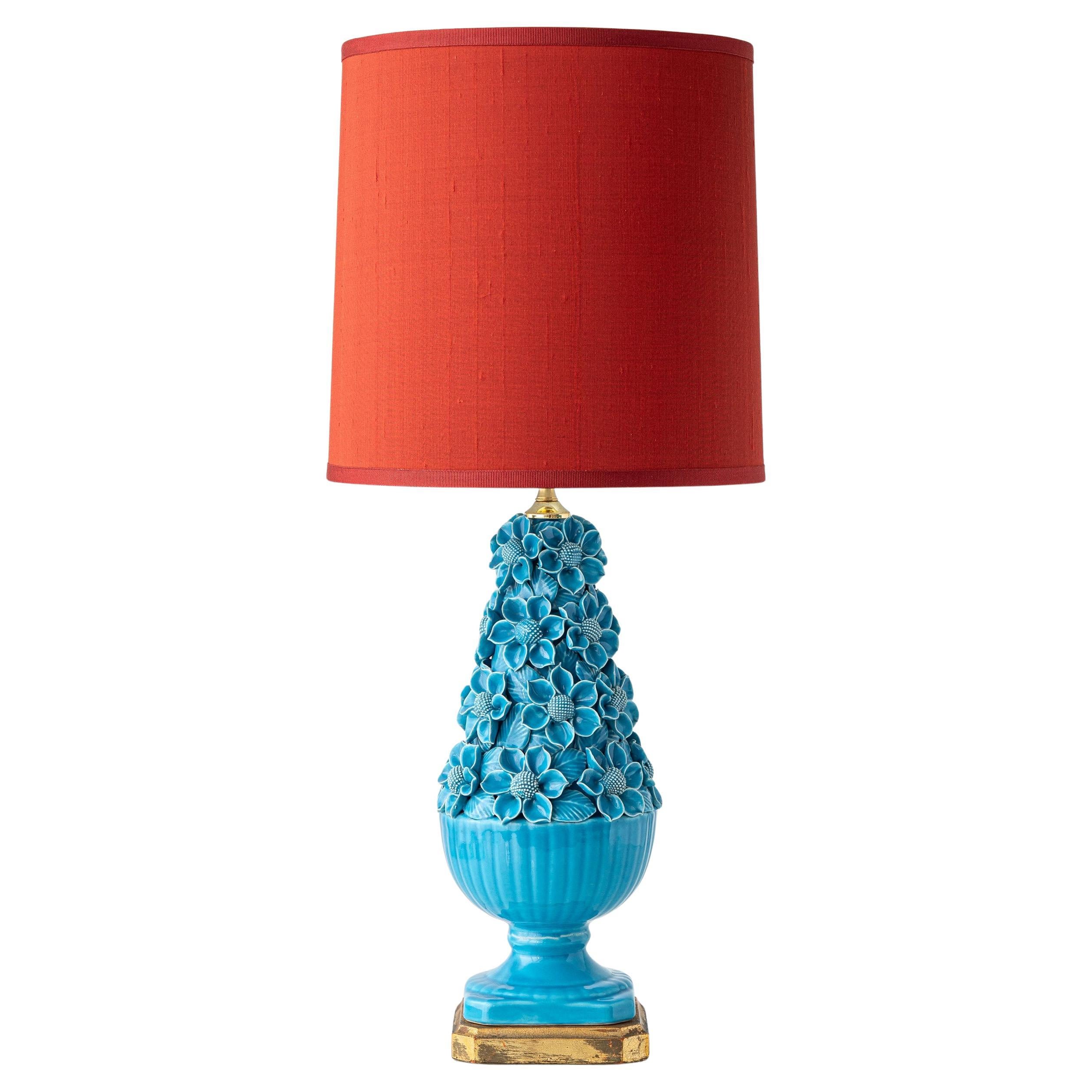 Lampe de table Manises du milieu du siècle en céramique émaillée turquoise, abat-jour en soie neuf en vente