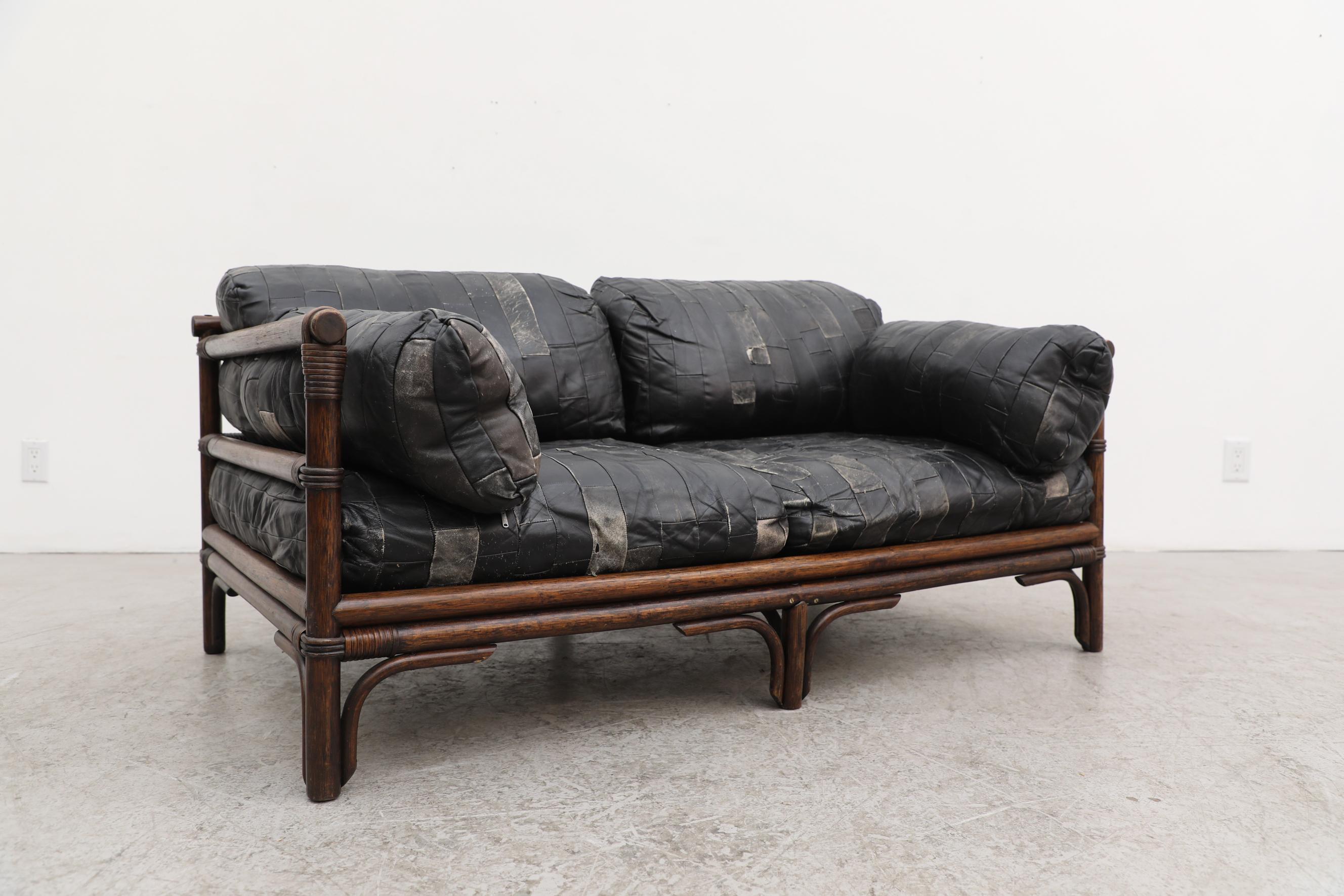 MidCentury Manou Bamboo and Black Patchwork Leather Loveseat at 1stDibs