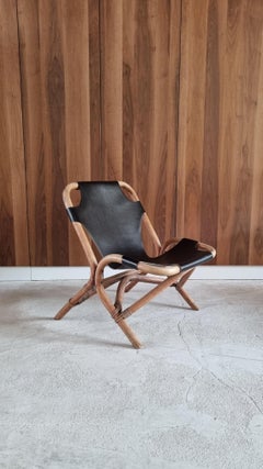 Mid-Century Manou Bamboo & Black Leather Lounge Chair, 1970s