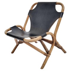 Mid-Century Manou Bamboo & Black Leather Lounge Chair, 1970s