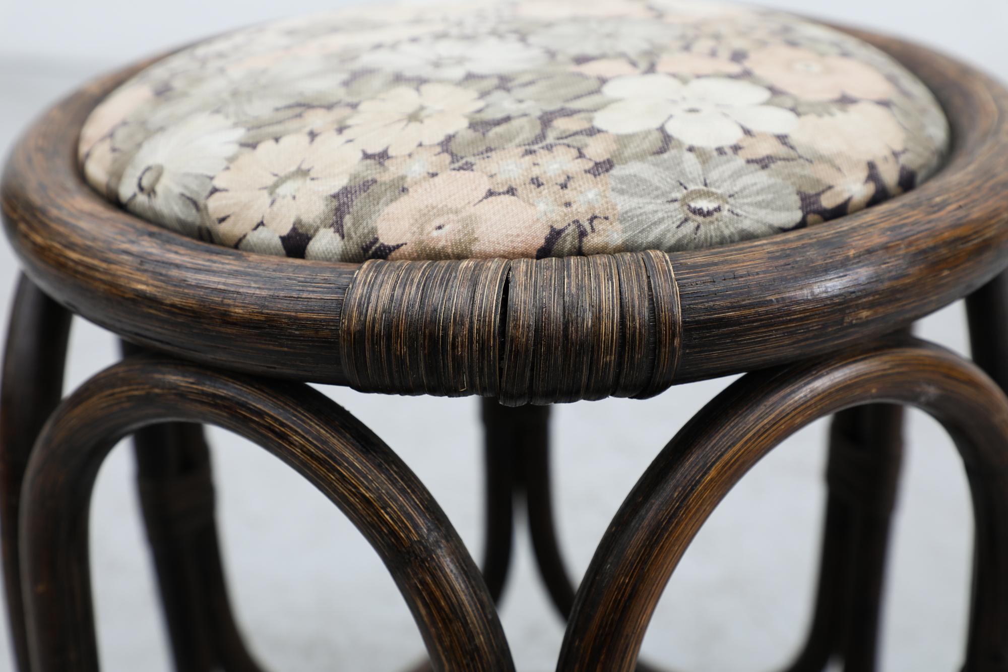 Mid-Century Manou Dark Thick Wrapped  Bamboo Foot Stool with Floral Cushion For Sale 3