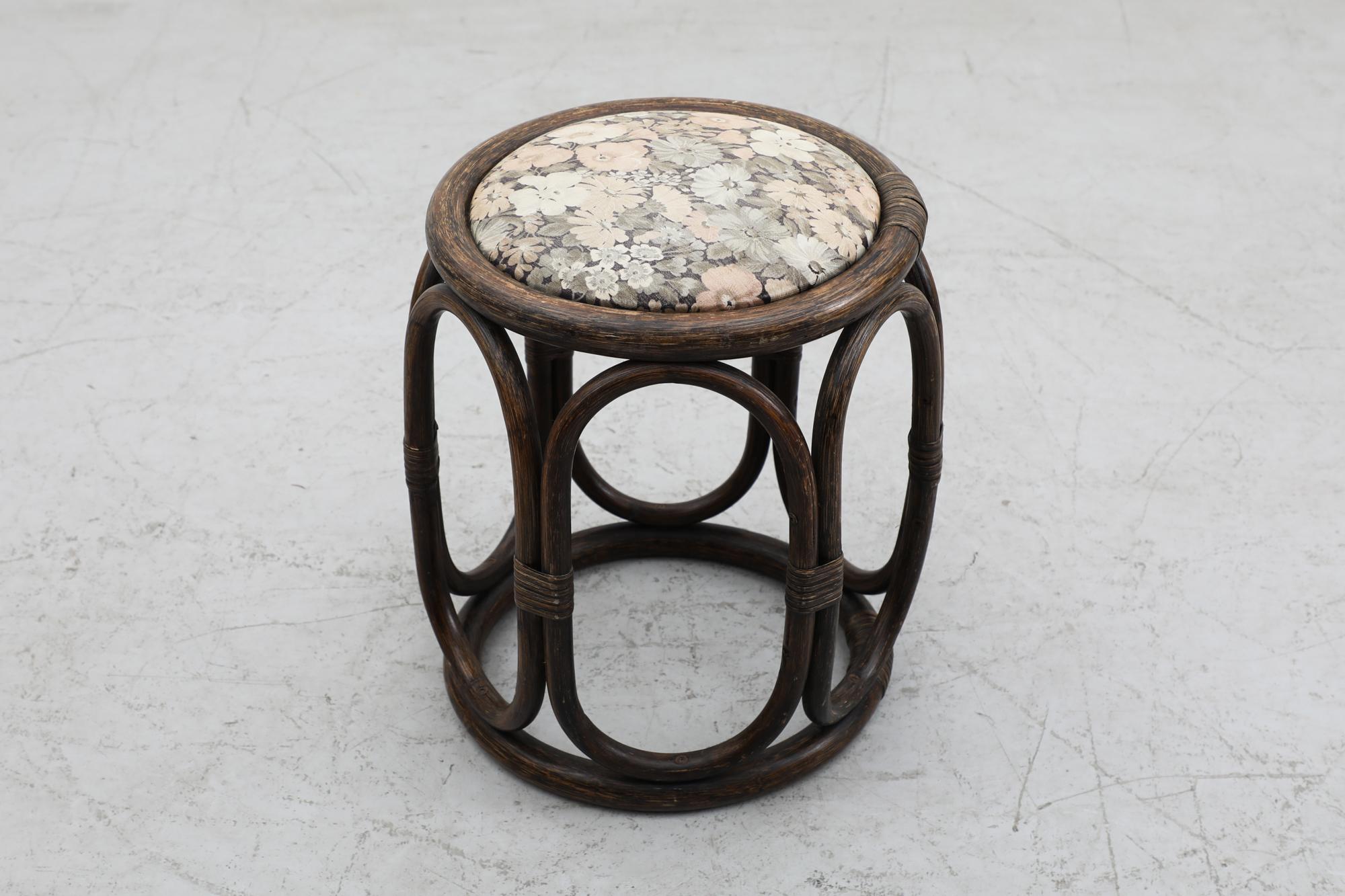 Mid-20th Century Mid-Century Manou Dark Thick Wrapped  Bamboo Foot Stool with Floral Cushion For Sale