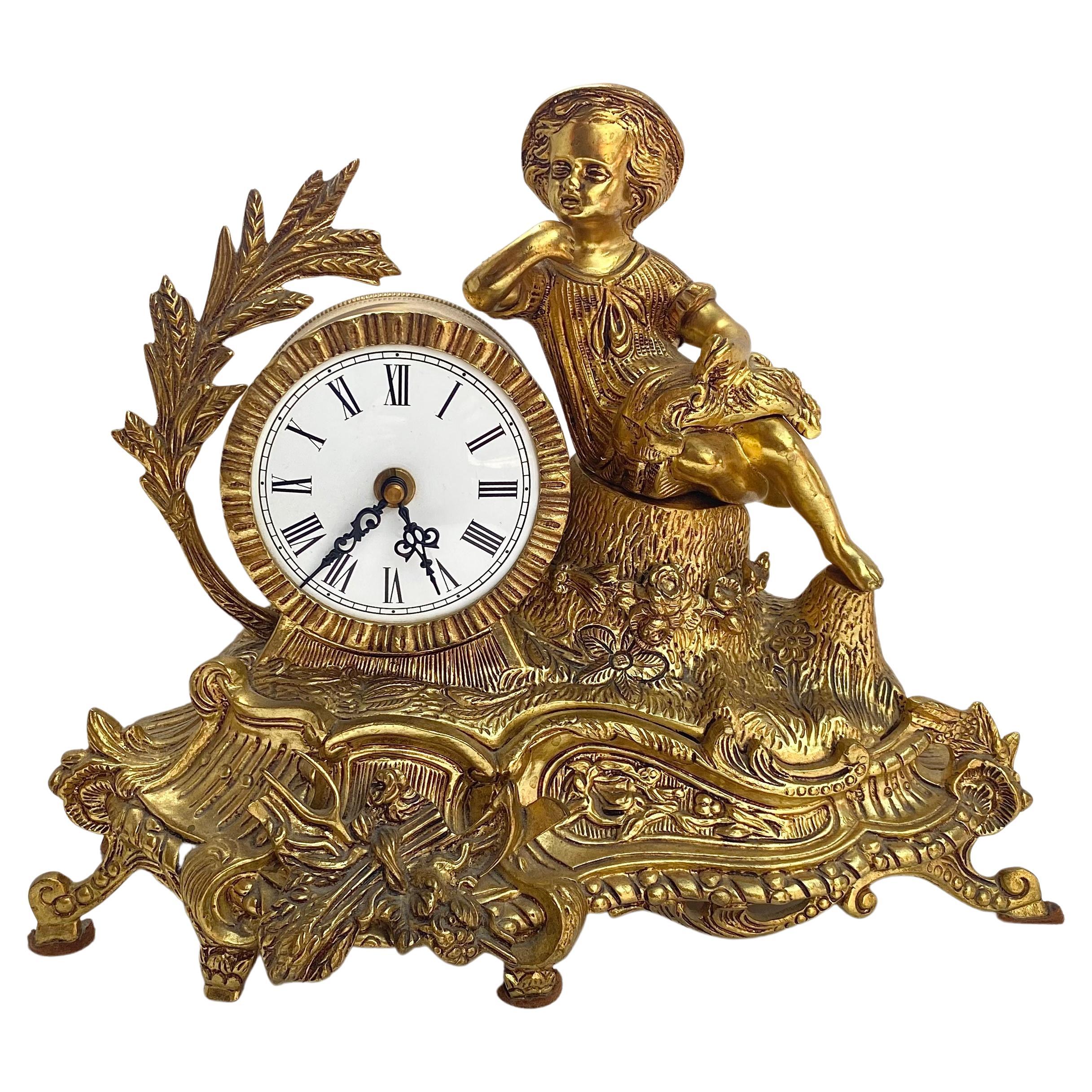 Midcentury Mantel Bronze Clock with Boy Figurine from France, circa 1960s For Sale