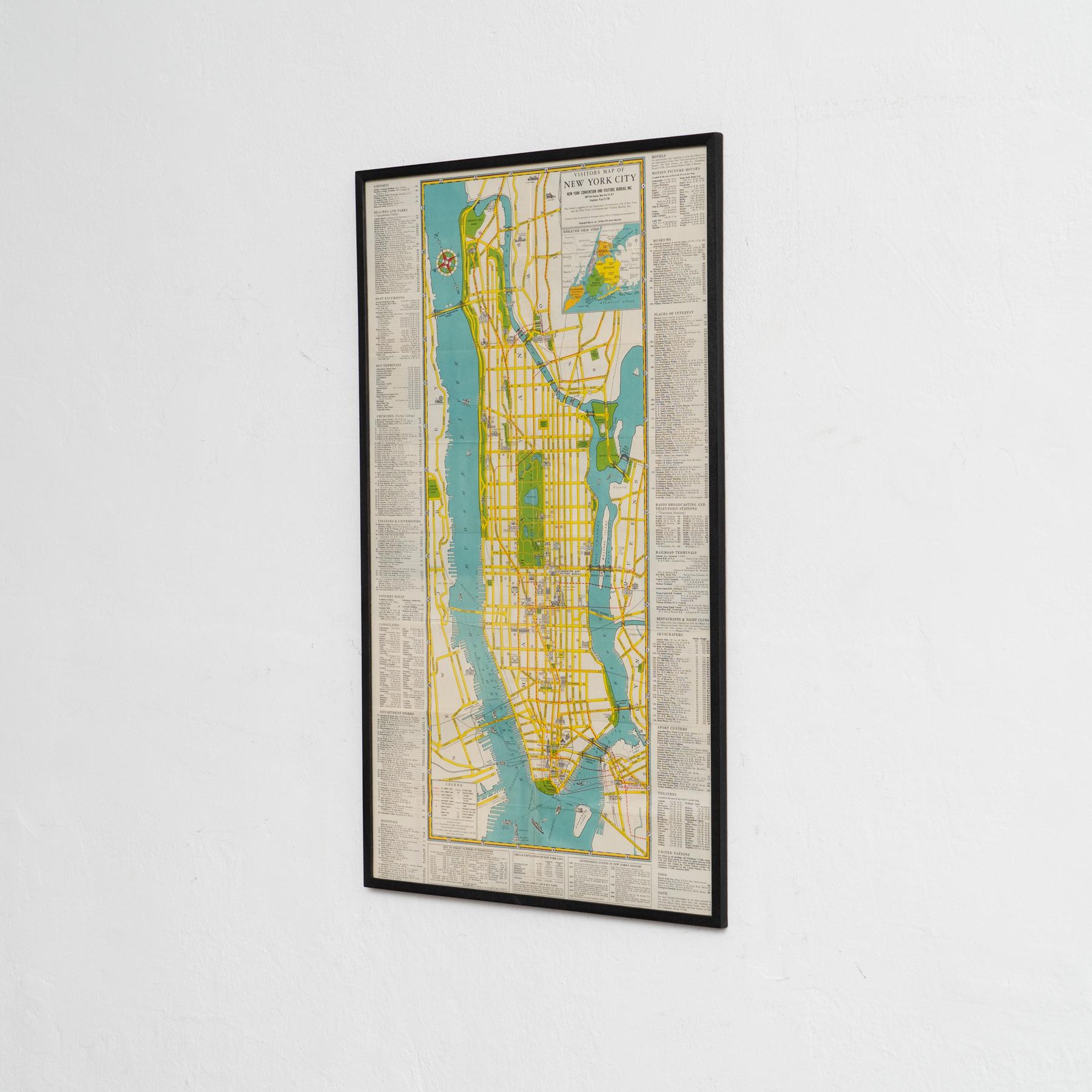 Mid-Century Modern Mid-Century Map of New York, Framed in Black Lacquered Wood For Sale