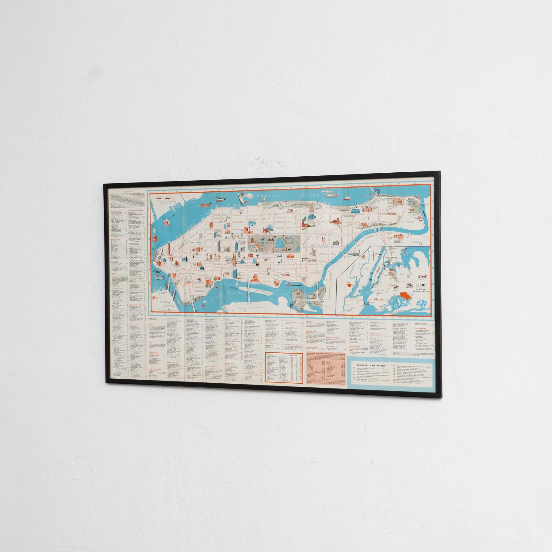 Map von New York aus der Mitte des Jahrhunderts, gerahmt in schwarz lackiertem Holz (Moderne der Mitte des Jahrhunderts) im Angebot