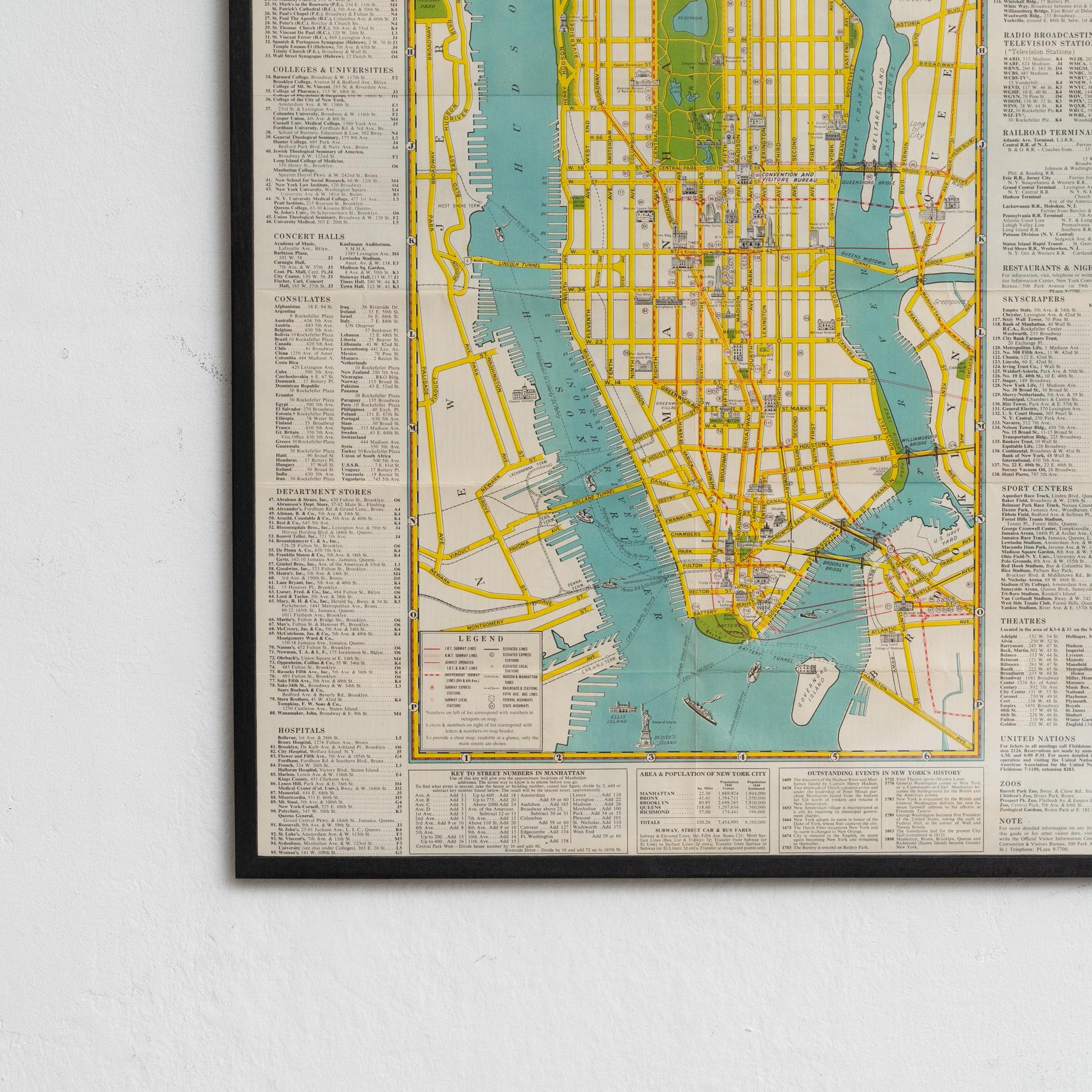 American Mid-Century Map of New York, Framed in Black Lacquered Wood For Sale