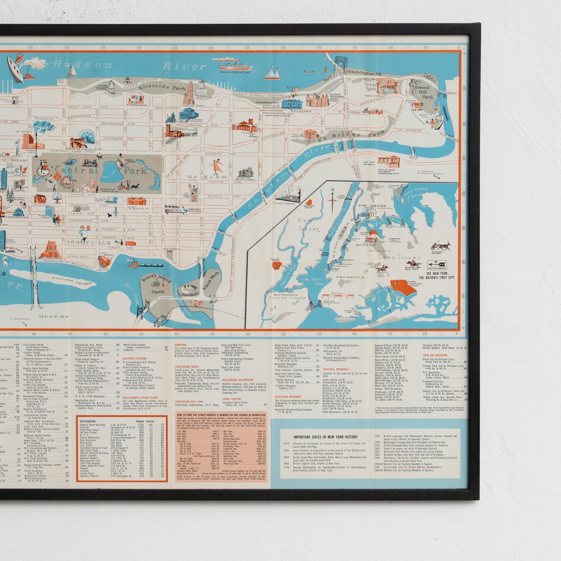 Map von New York aus der Mitte des Jahrhunderts, gerahmt in schwarz lackiertem Holz (amerikanisch) im Angebot