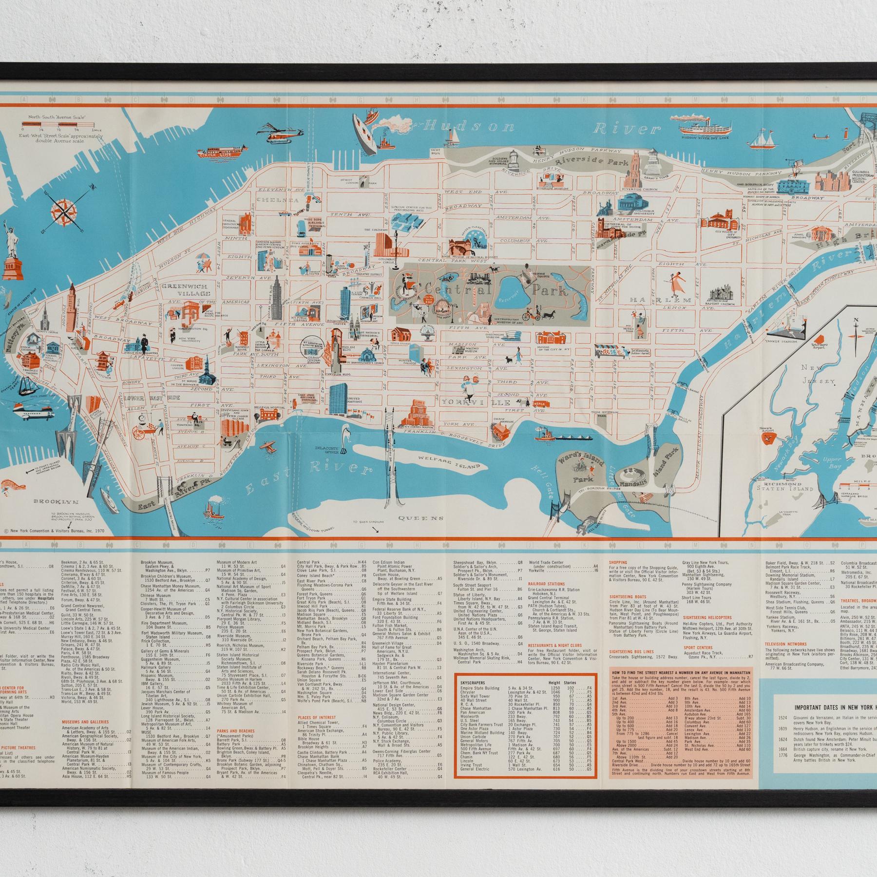 Map von New York aus der Mitte des Jahrhunderts, gerahmt in schwarz lackiertem Holz im Zustand „Gut“ im Angebot in Barcelona, ES