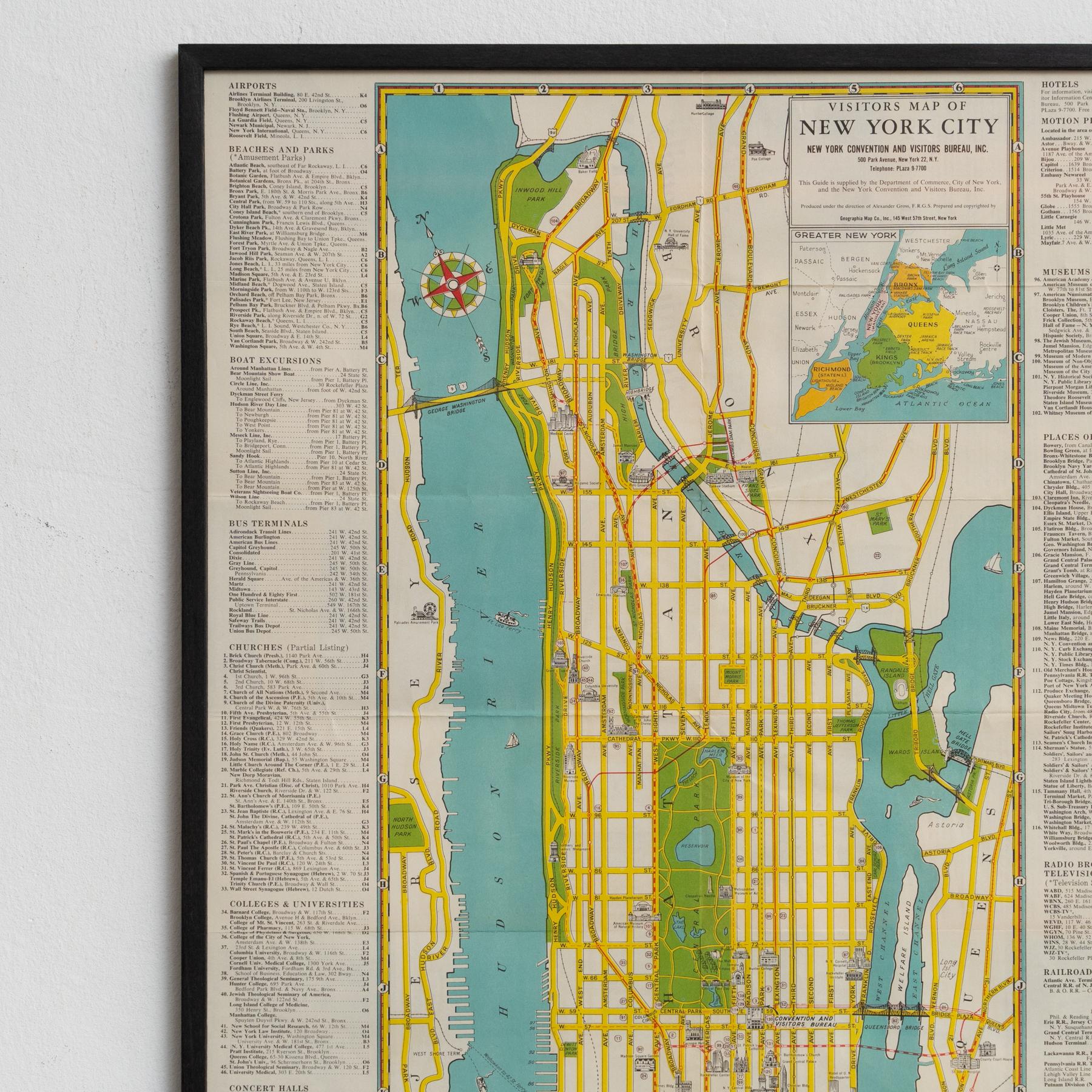 Mid-20th Century Mid-Century Map of New York, Framed in Black Lacquered Wood For Sale