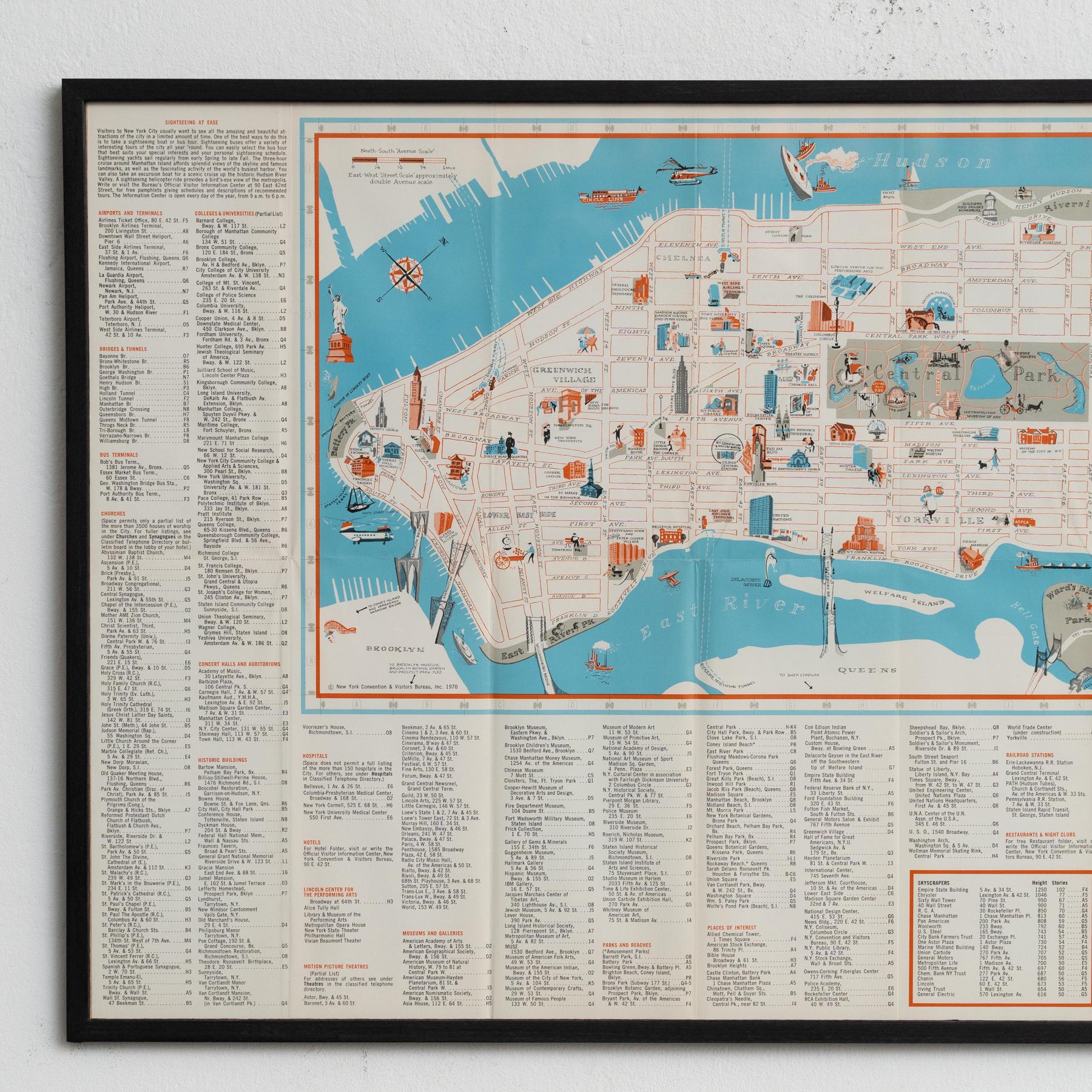 Map von New York aus der Mitte des Jahrhunderts, gerahmt in schwarz lackiertem Holz (Mitte des 20. Jahrhunderts) im Angebot
