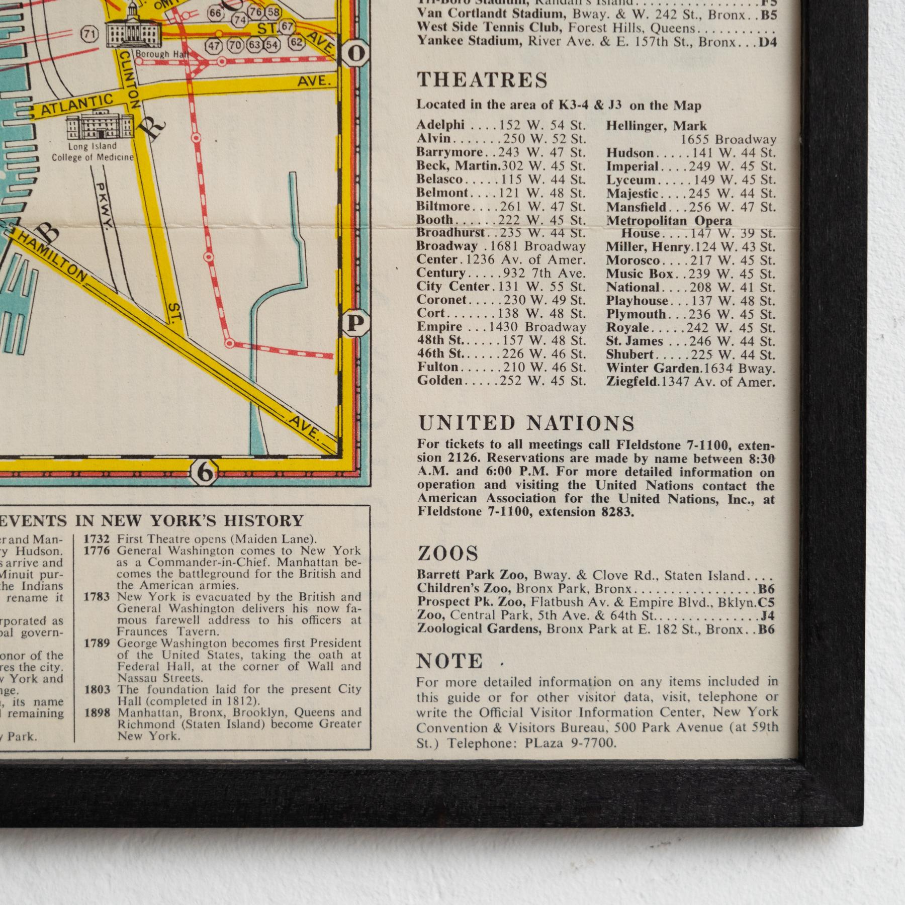 Paper Mid-Century Map of New York, Framed in Black Lacquered Wood For Sale