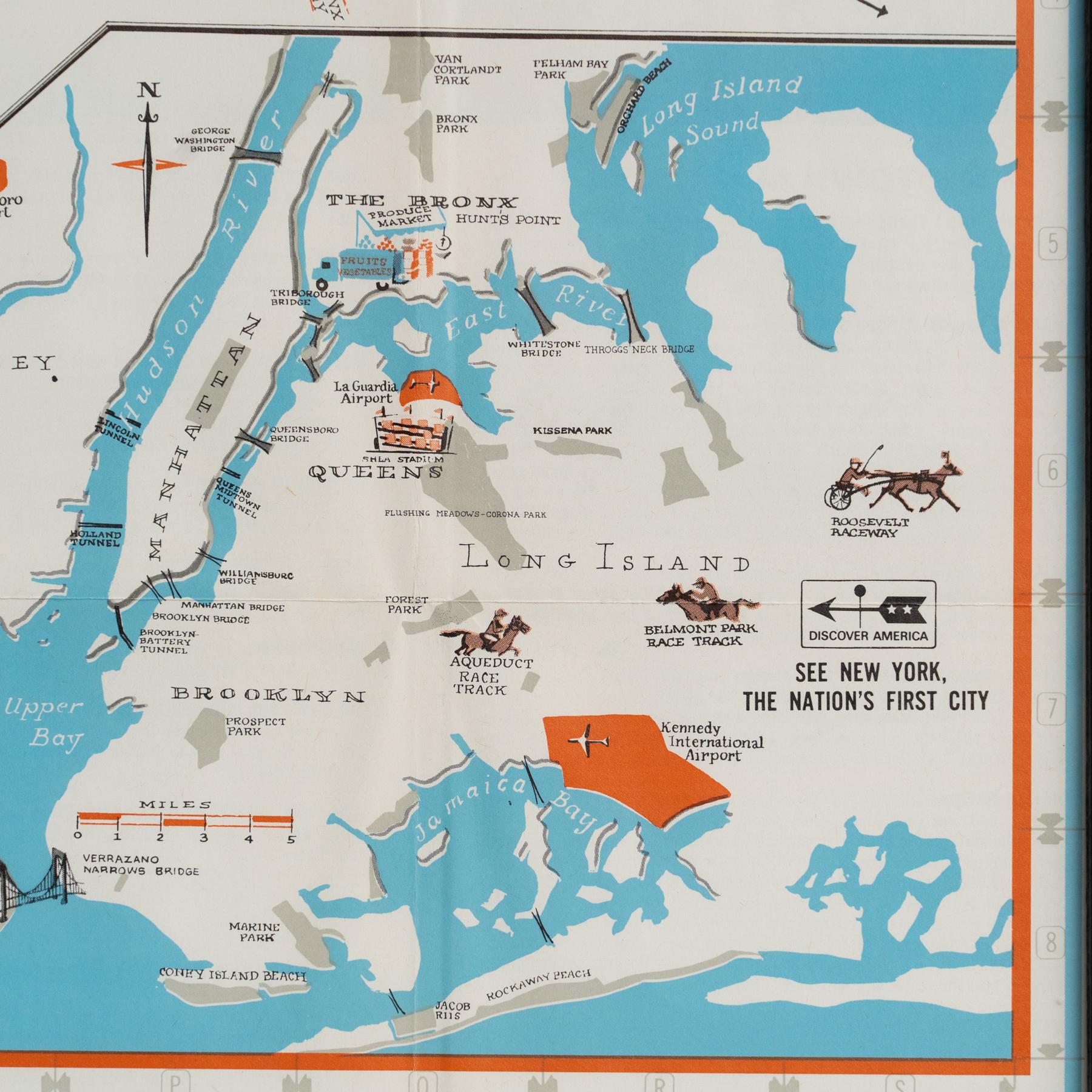 Map von New York aus der Mitte des Jahrhunderts, gerahmt in schwarz lackiertem Holz im Angebot 1