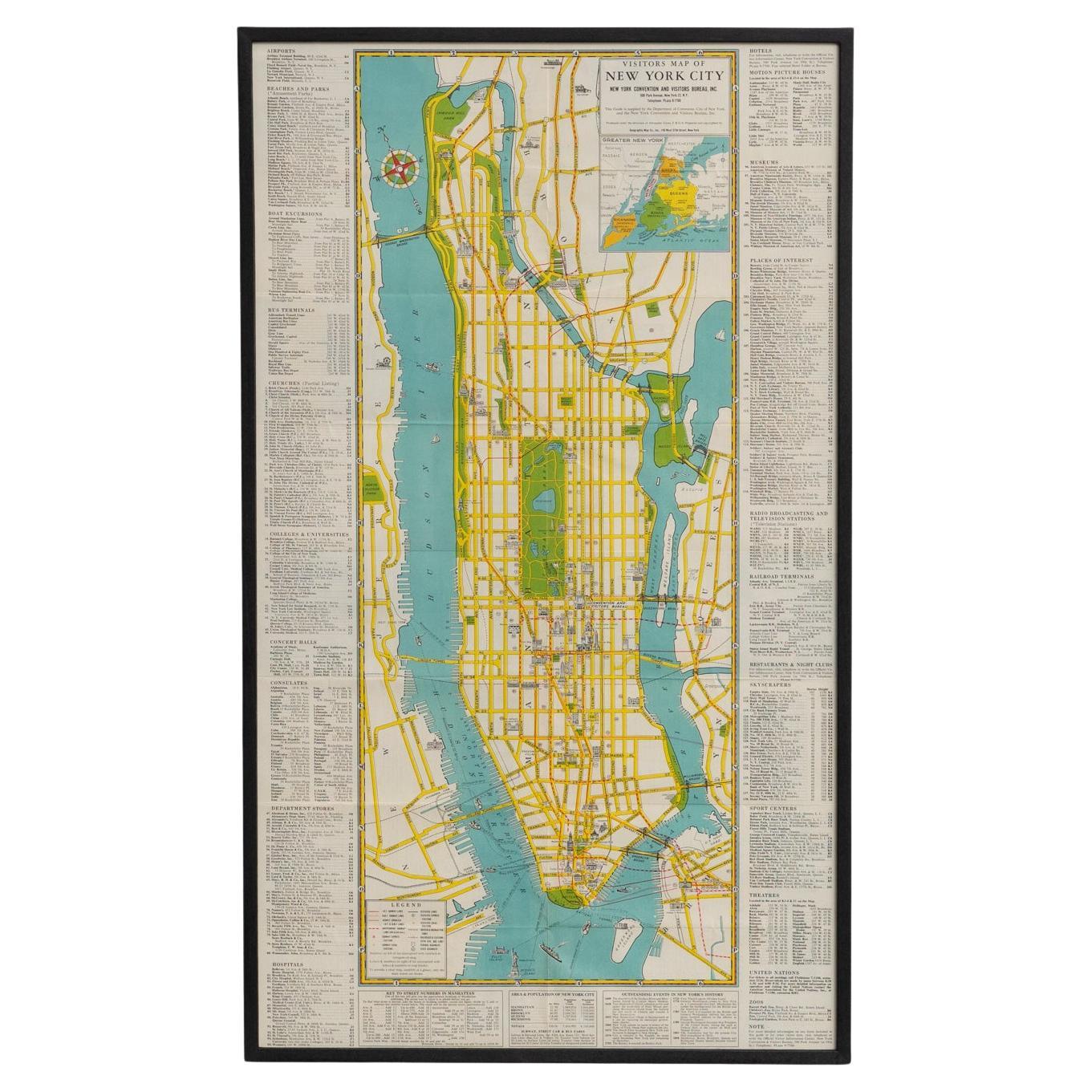 Mid-Century Map of New York, Framed in Black Lacquered Wood For Sale