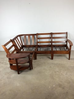 Mid Century Maple 3pc Sectional Sofa with Shelving & Vintage Upholstery