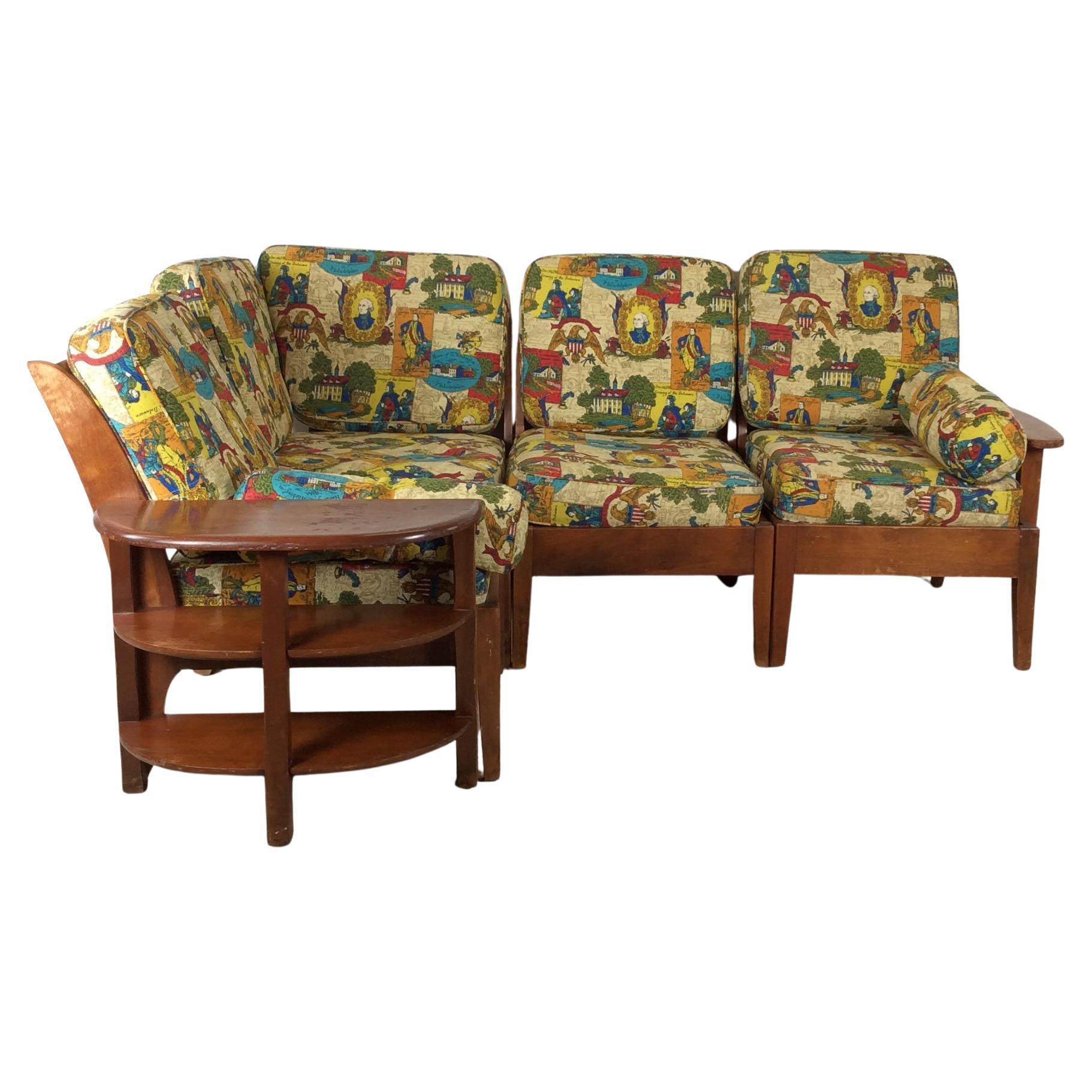 Canapé sectionnel 3 pièces en érable du milieu du siècle avec étagères et tapisserie d'ameublement vintage en vente