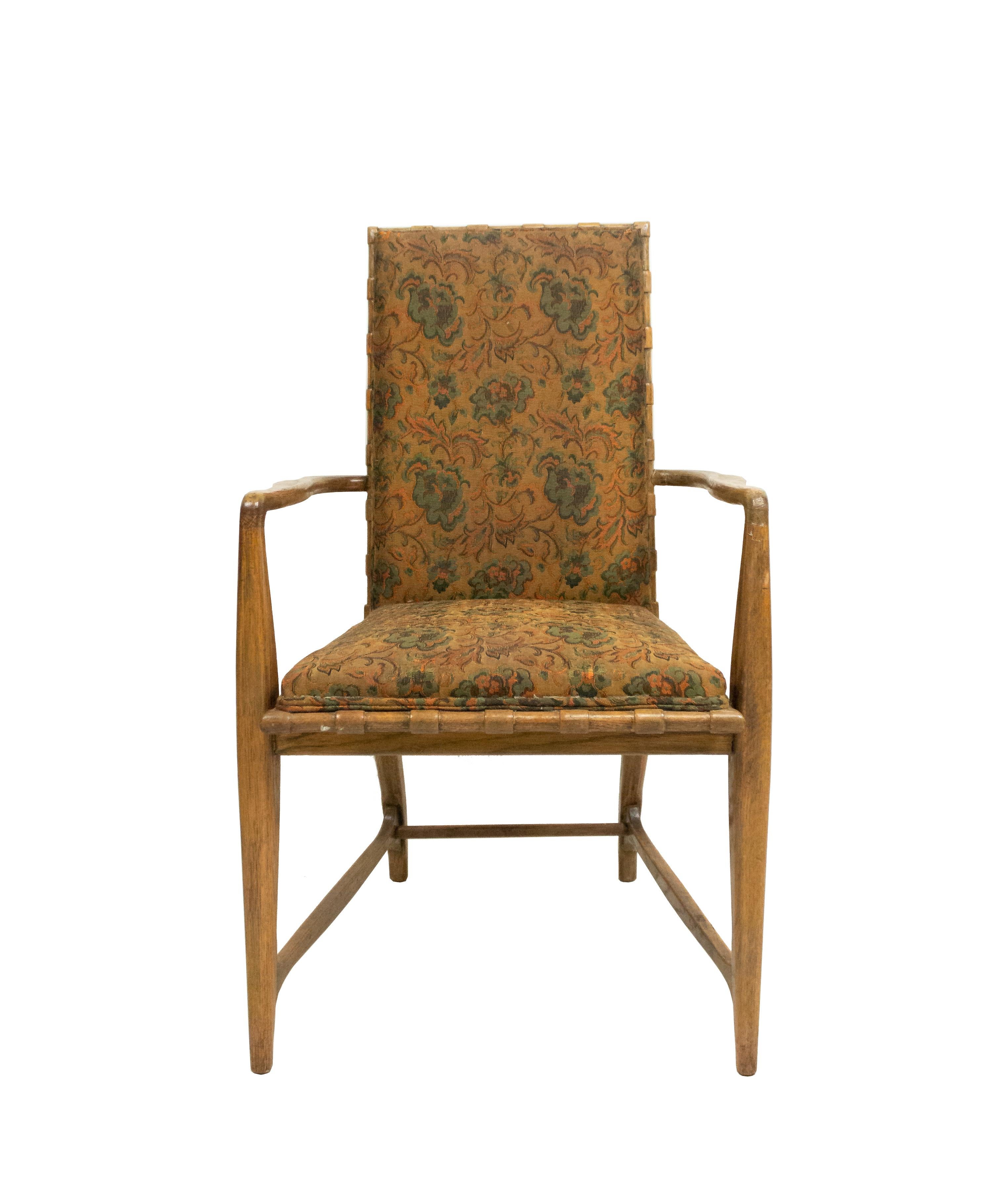 Mid-Century Modern Mid-Century Maple and Floral Upholstered Studio Armchairs For Sale
