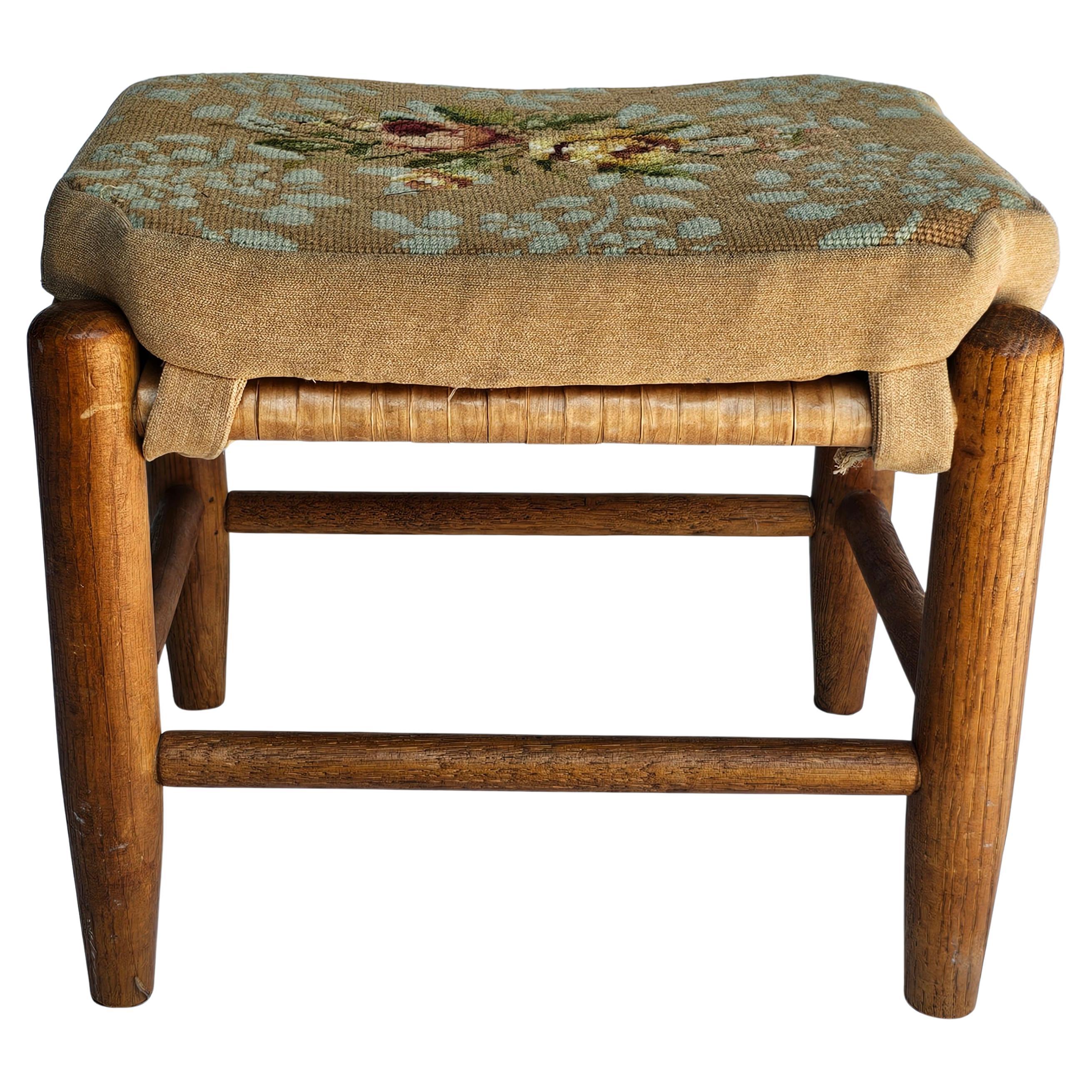 Mid Century Maple and Tapestry Needlepoint Upholstered Footstool