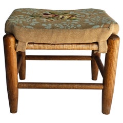Mid Century Maple and Tapestry Needlepoint Upholstered Footstool