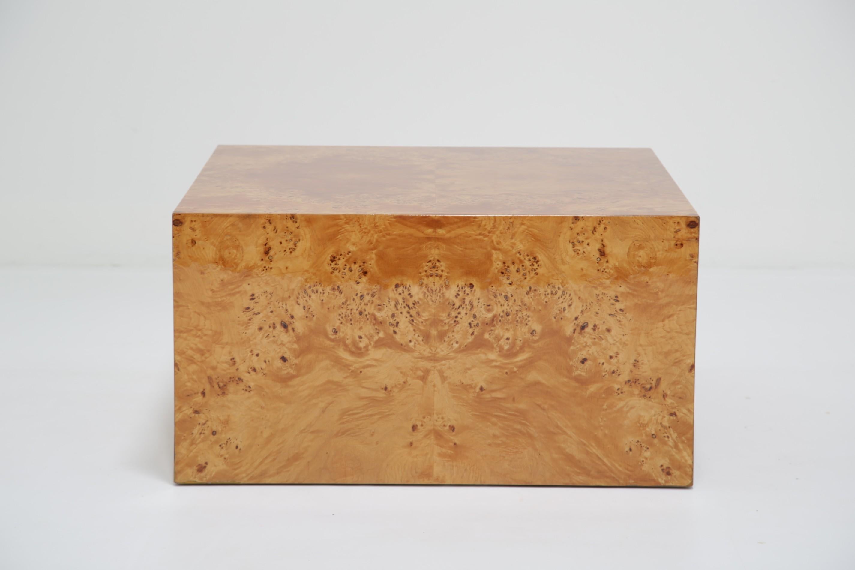 Polished Mid-Century Maple Burl Cube Coffee Table by Paul Mayen for Habitat Intl., 1970s For Sale