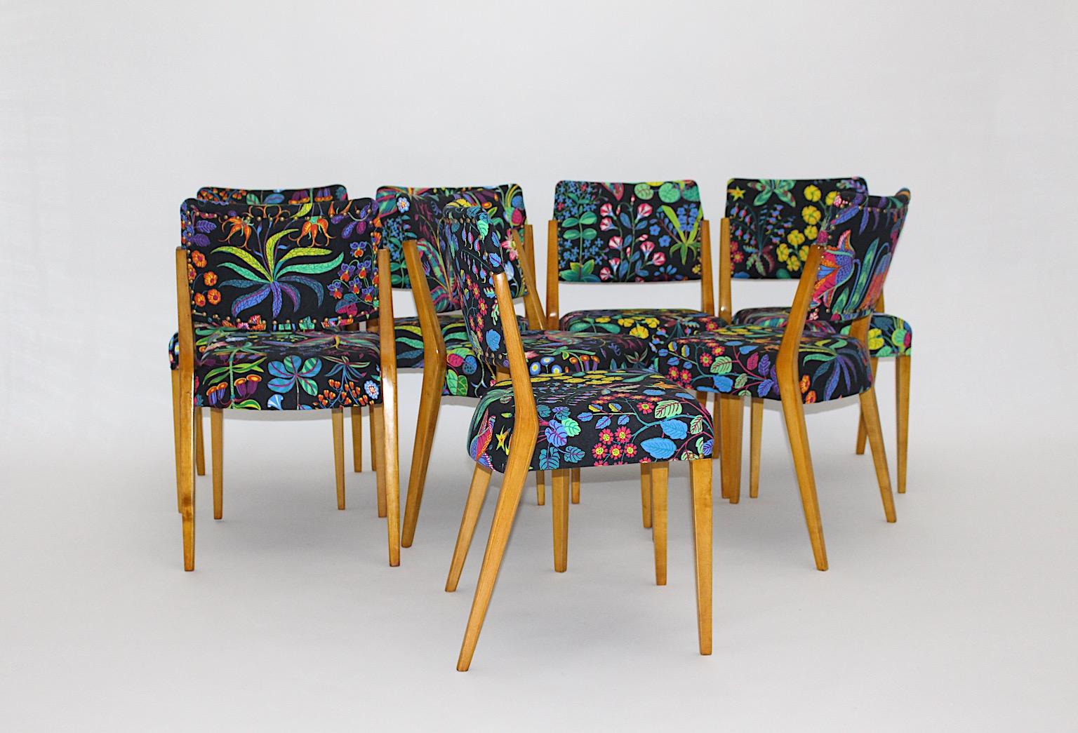 Mid-Century Modern Modernist Maple Josef Frank Fabric Eight Dining Chairs Karl Schwanzer, 1950s For Sale