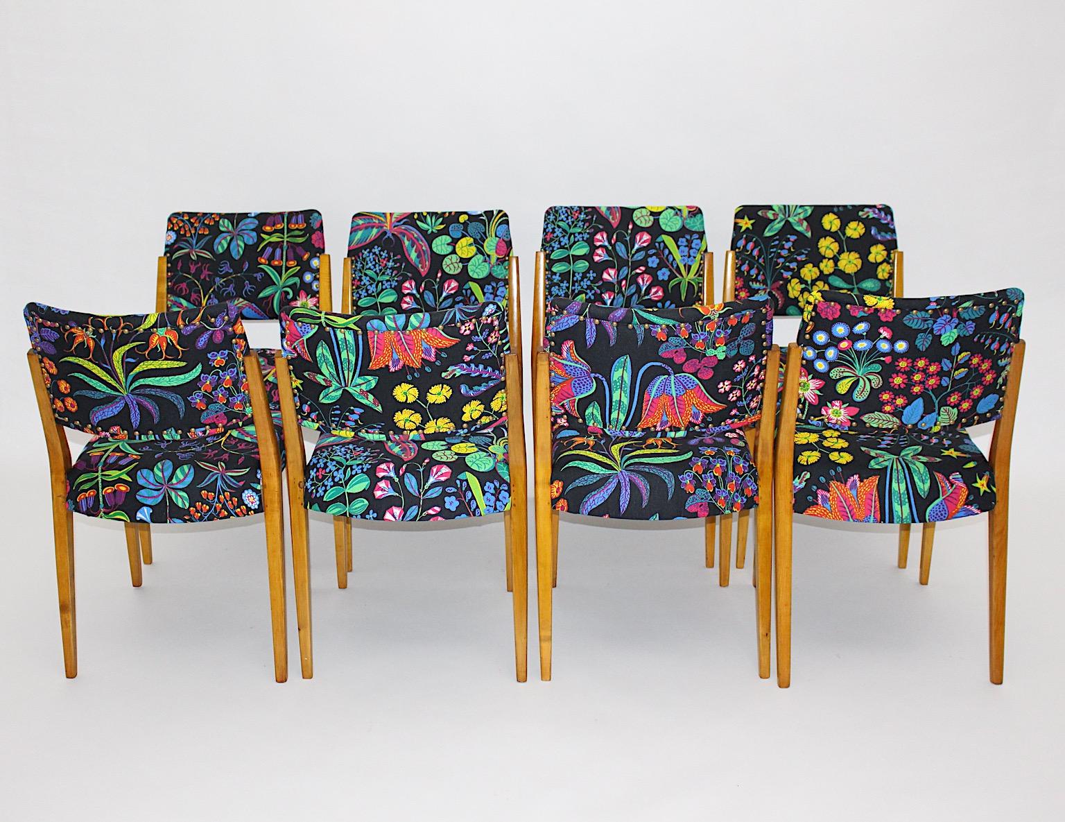 Austrian Modernist Maple Josef Frank Fabric Eight Dining Chairs Karl Schwanzer, 1950s For Sale