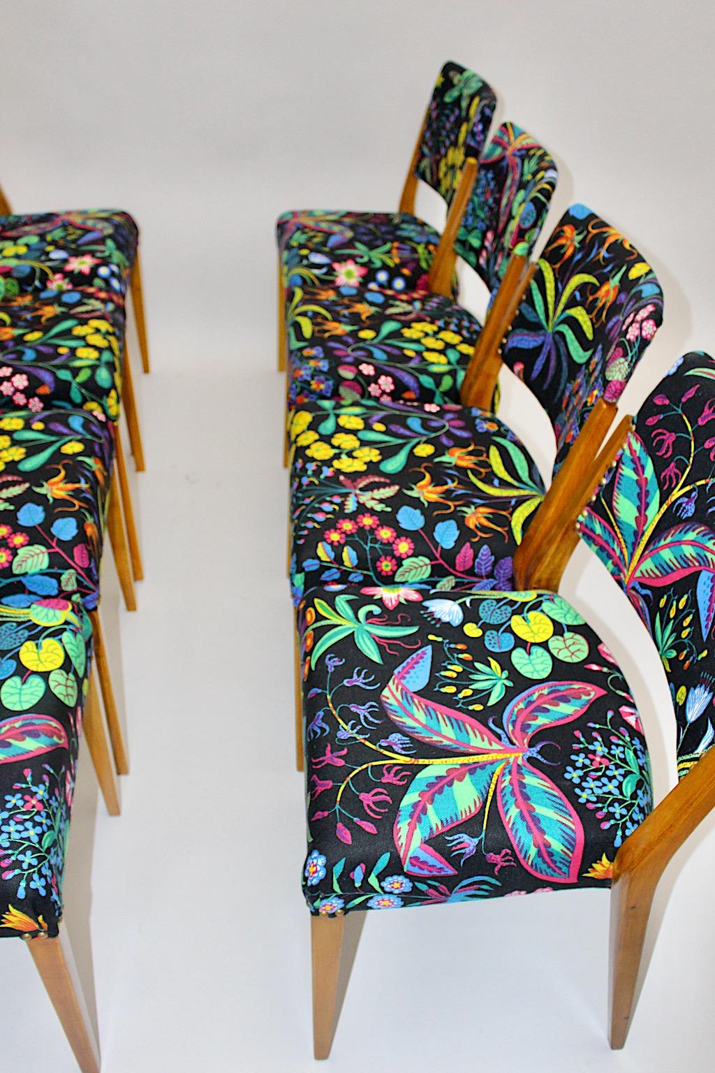 20th Century Modernist Maple Josef Frank Fabric Eight Dining Chairs Karl Schwanzer, 1950s For Sale