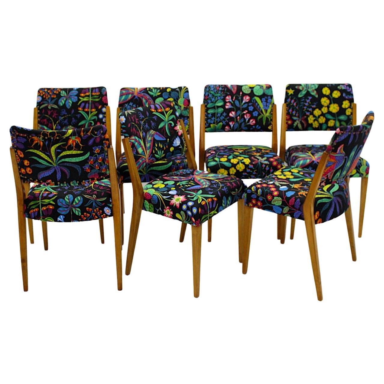 Modernist Maple Josef Frank Fabric Eight Dining Chairs Karl Schwanzer, 1950s For Sale