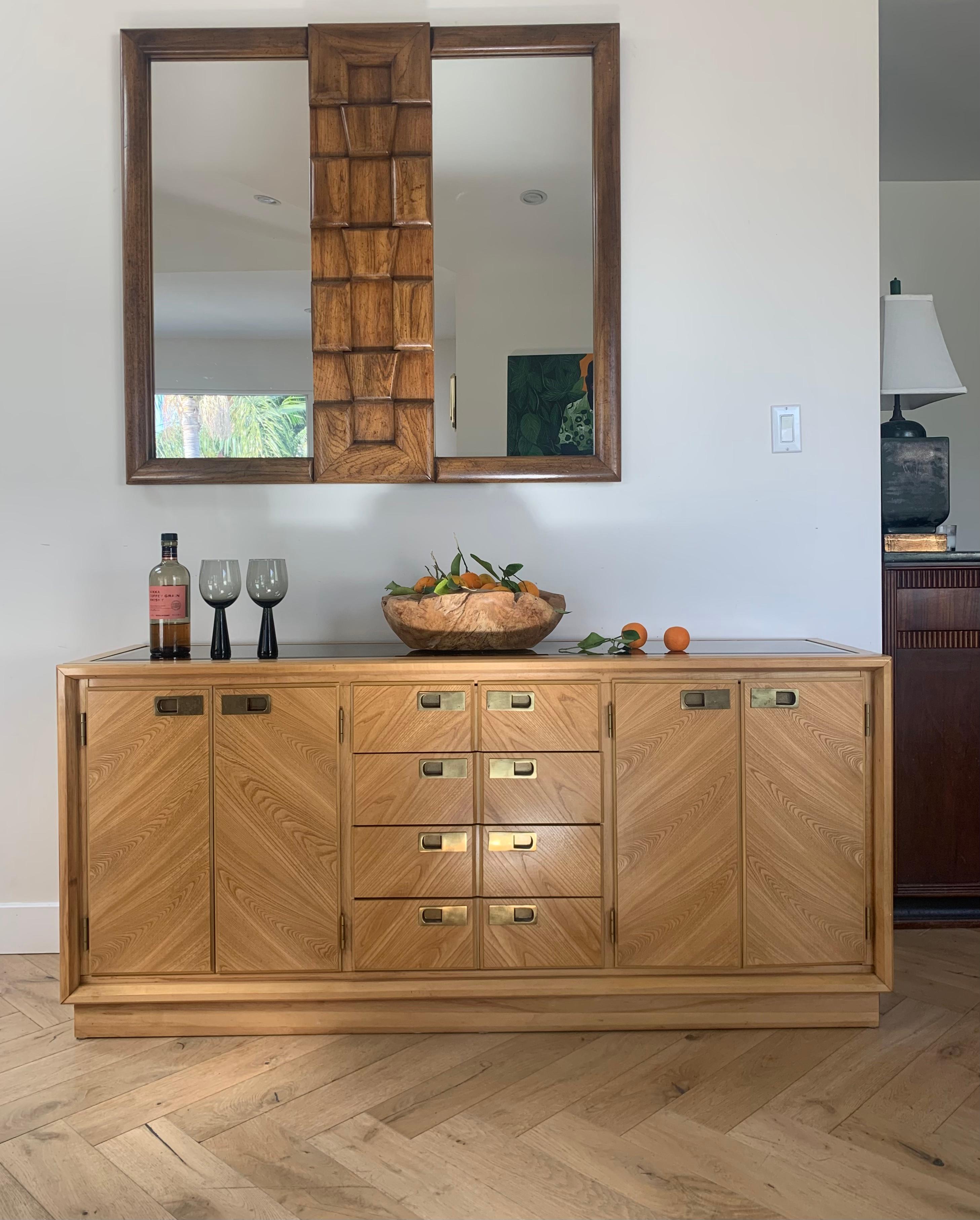 Mid Century Maple Wood Credenza with Smoked Glass Top Inlay by Stanley 6