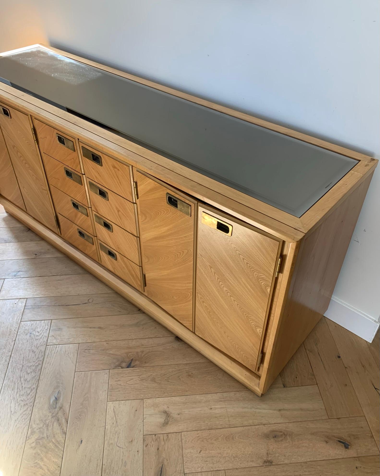 Mid Century Maple Wood Credenza with Smoked Glass Top Inlay by Stanley 7